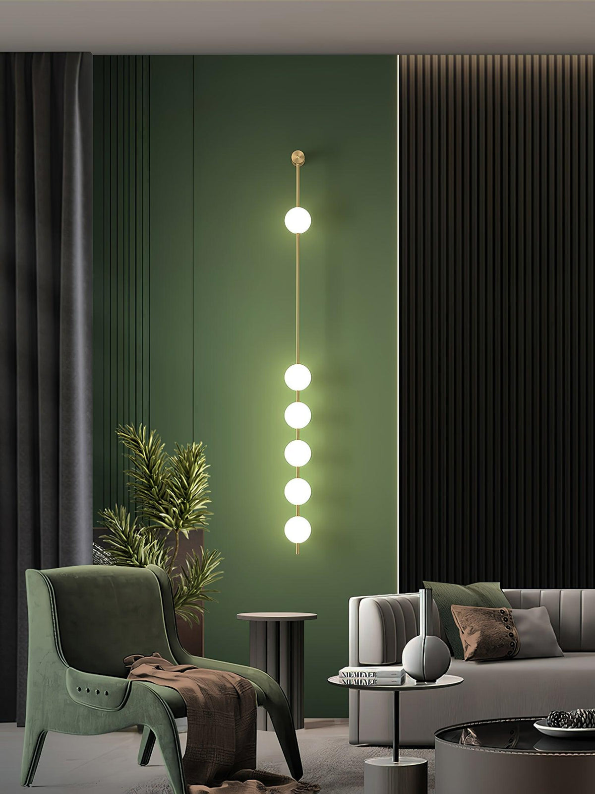 Aplique de pared LED vertical con múltiples globos, acabado en latón, altura ajustable, iluminación para pasillos, escaleras y entradas, lámpara moderna de metal y vidrio, 3-6 luces | Thomler