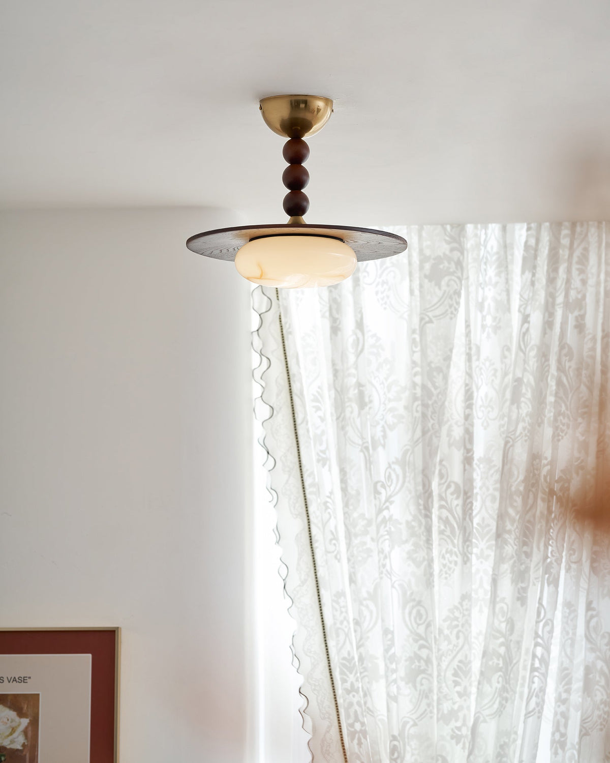 Wood and Alabaster Flush-Mount LED Ceiling Light 14 in Diameter, 36W 3000K for Kitchen Dining Room Bedroom | Thomler