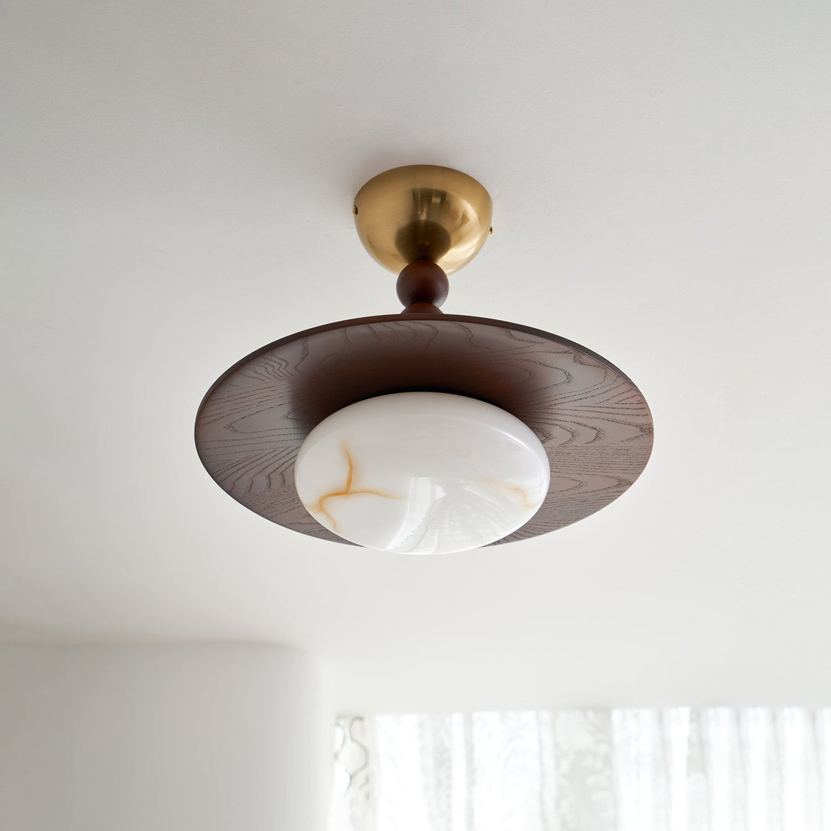 Wood and Alabaster Flush-Mount LED Ceiling Light 14 in Diameter, 36W 3000K for Kitchen Dining Room Bedroom | Thomler