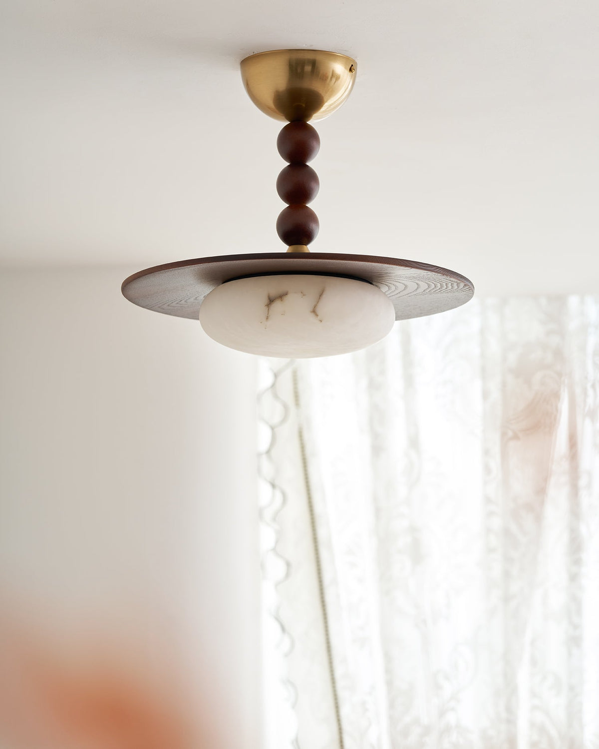 Wood and Alabaster Flush-Mount LED Ceiling Light 14 in Diameter, 36W 3000K for Kitchen Dining Room Bedroom | Thomler