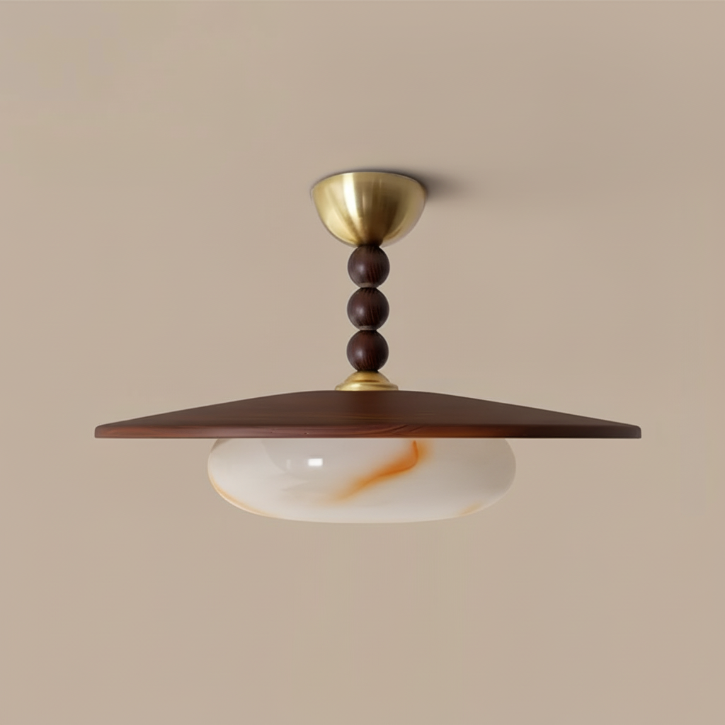 Wood and Alabaster Flush-Mount LED Ceiling Light 14 in Diameter, 36W 3000K for Kitchen Dining Room Bedroom | Thomler