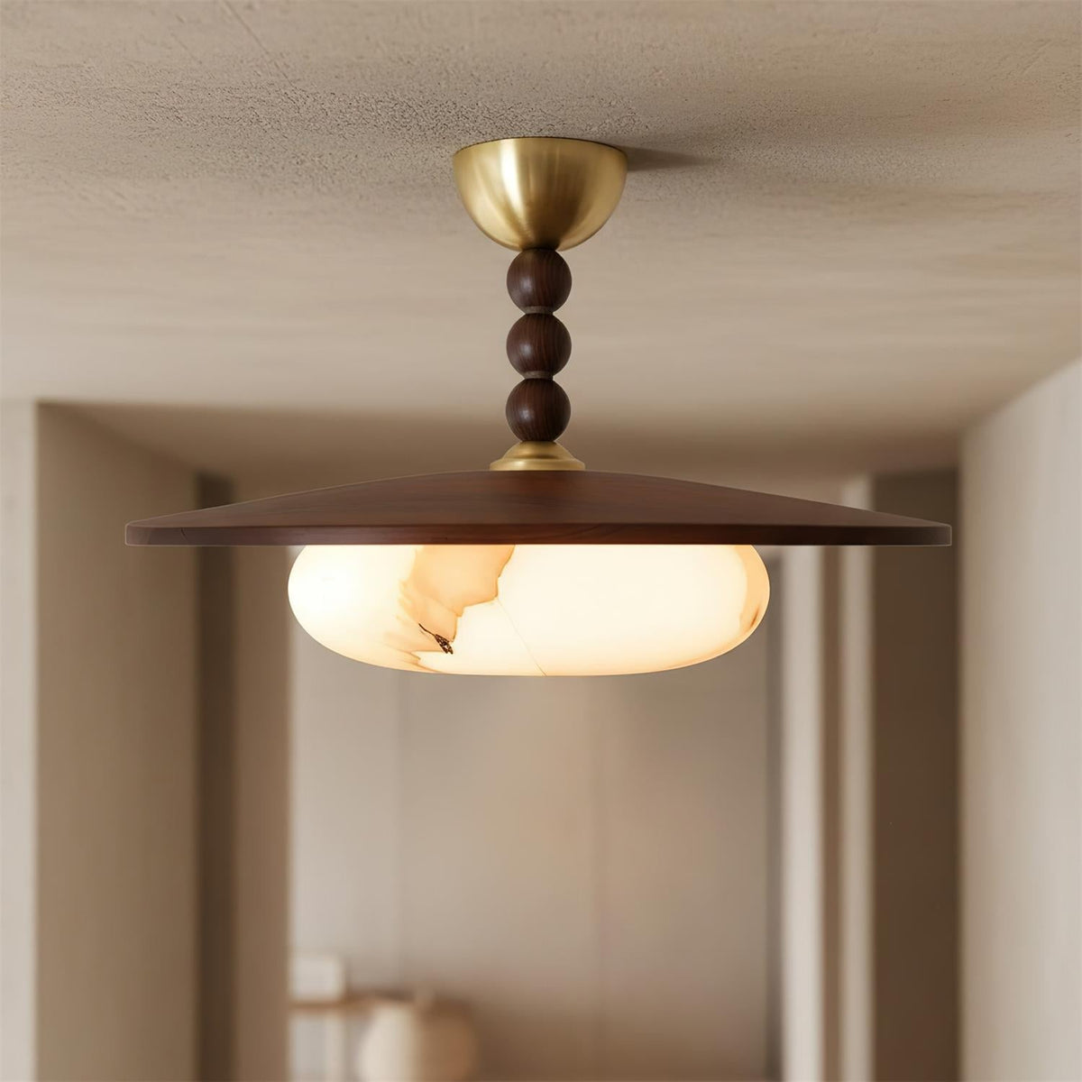 Wood and Alabaster Flush-Mount LED Ceiling Light 14 in Diameter, 36W 3000K for Kitchen Dining Room Bedroom | Thomler