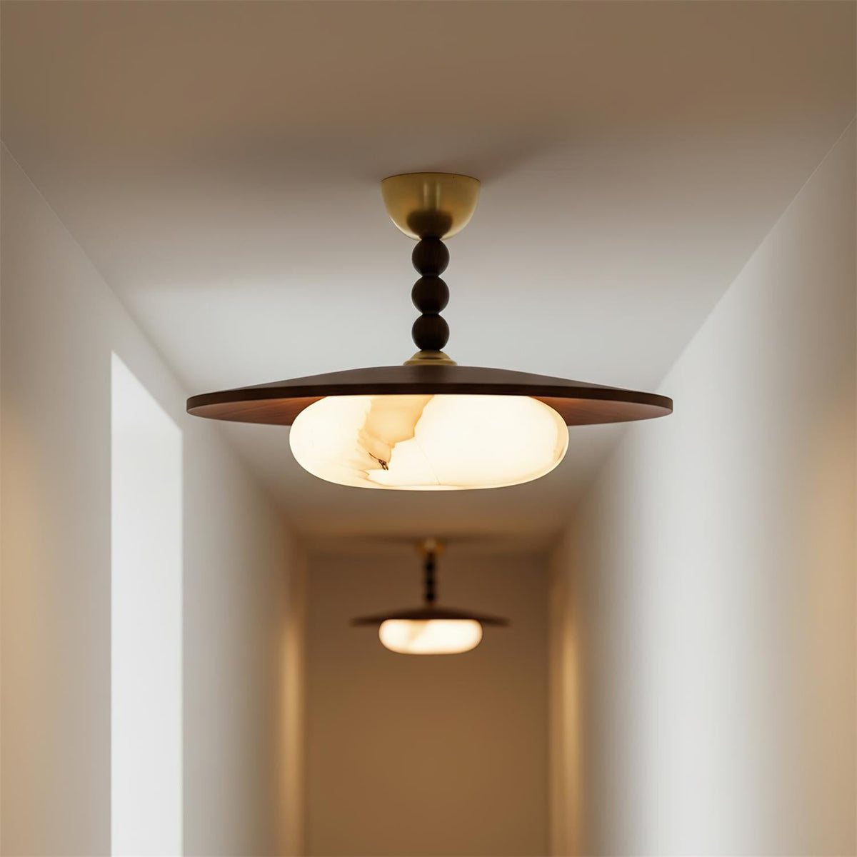 Wood and Alabaster Flush-Mount LED Ceiling Light 14 in Diameter, 36W 3000K for Kitchen Dining Room Bedroom | Thomler