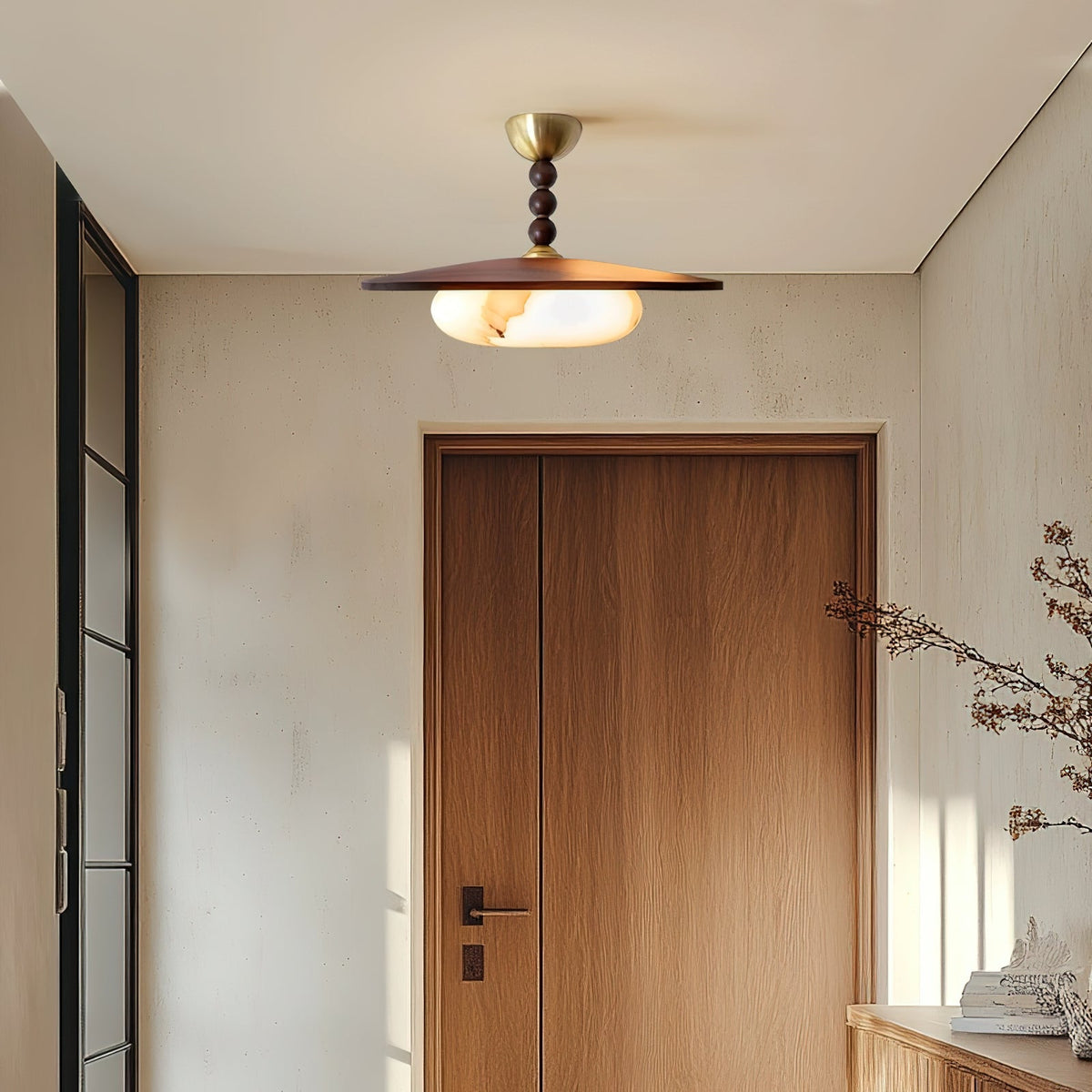 Wood and Alabaster Flush-Mount LED Ceiling Light 14 in Diameter, 36W 3000K for Kitchen Dining Room Bedroom | Thomler
