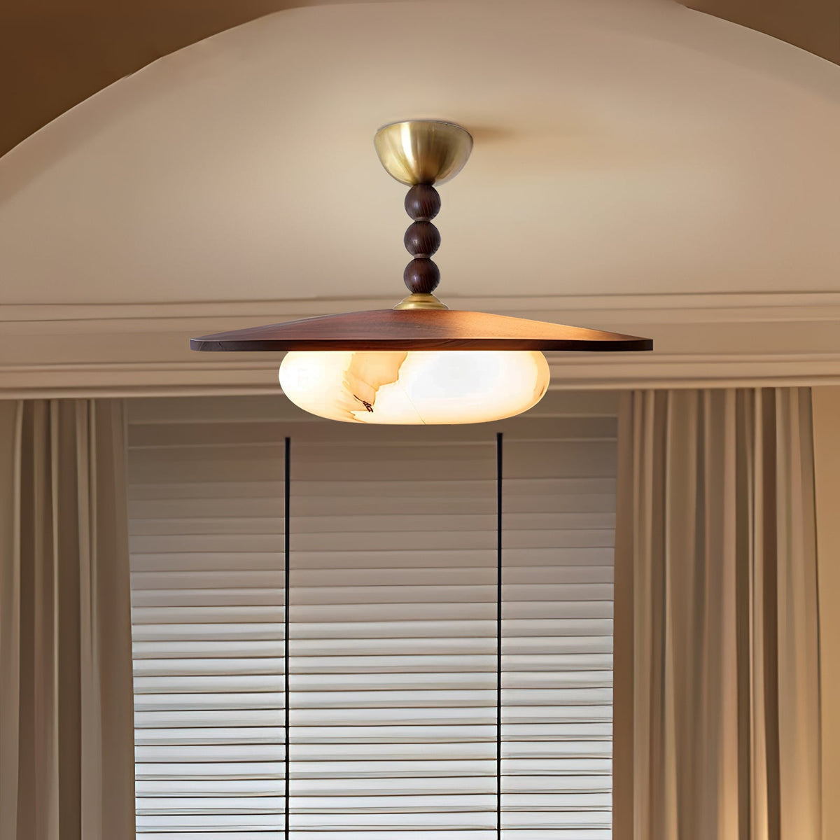 Wood and Alabaster Flush-Mount LED Ceiling Light 14 in Diameter, 36W 3000K for Kitchen Dining Room Bedroom | Thomler