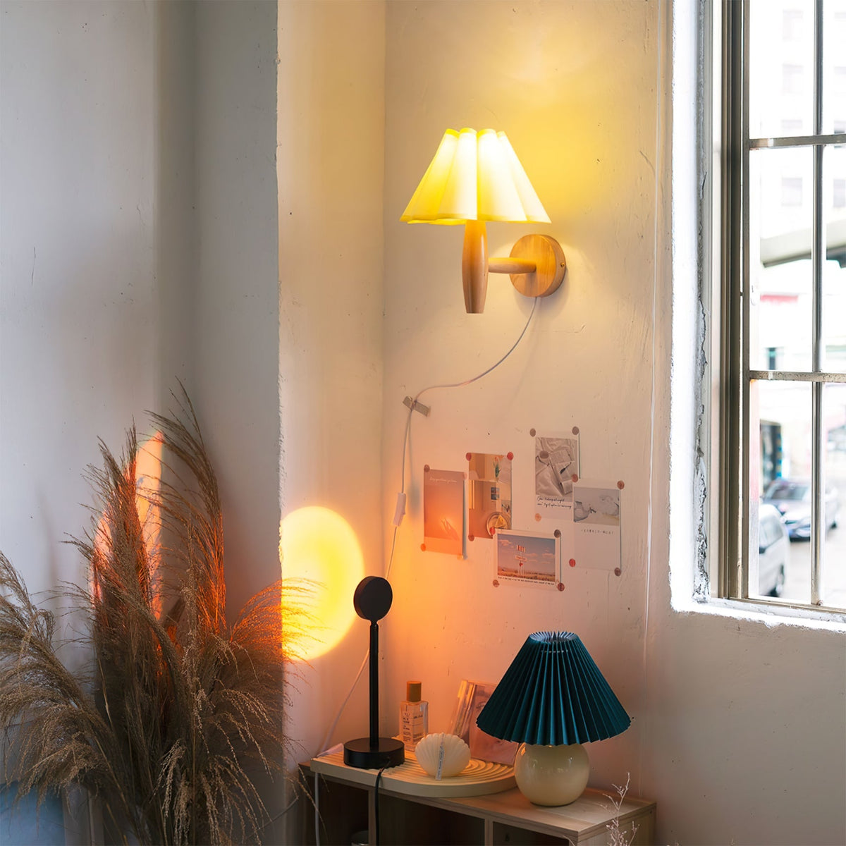 Plug-In Sconce with Fluted Fabric Shade 10 in Diameter Wood Frame for Bedroom Living Room Hallway Reading Nook Vintage Inspired Accent Light | Thomler