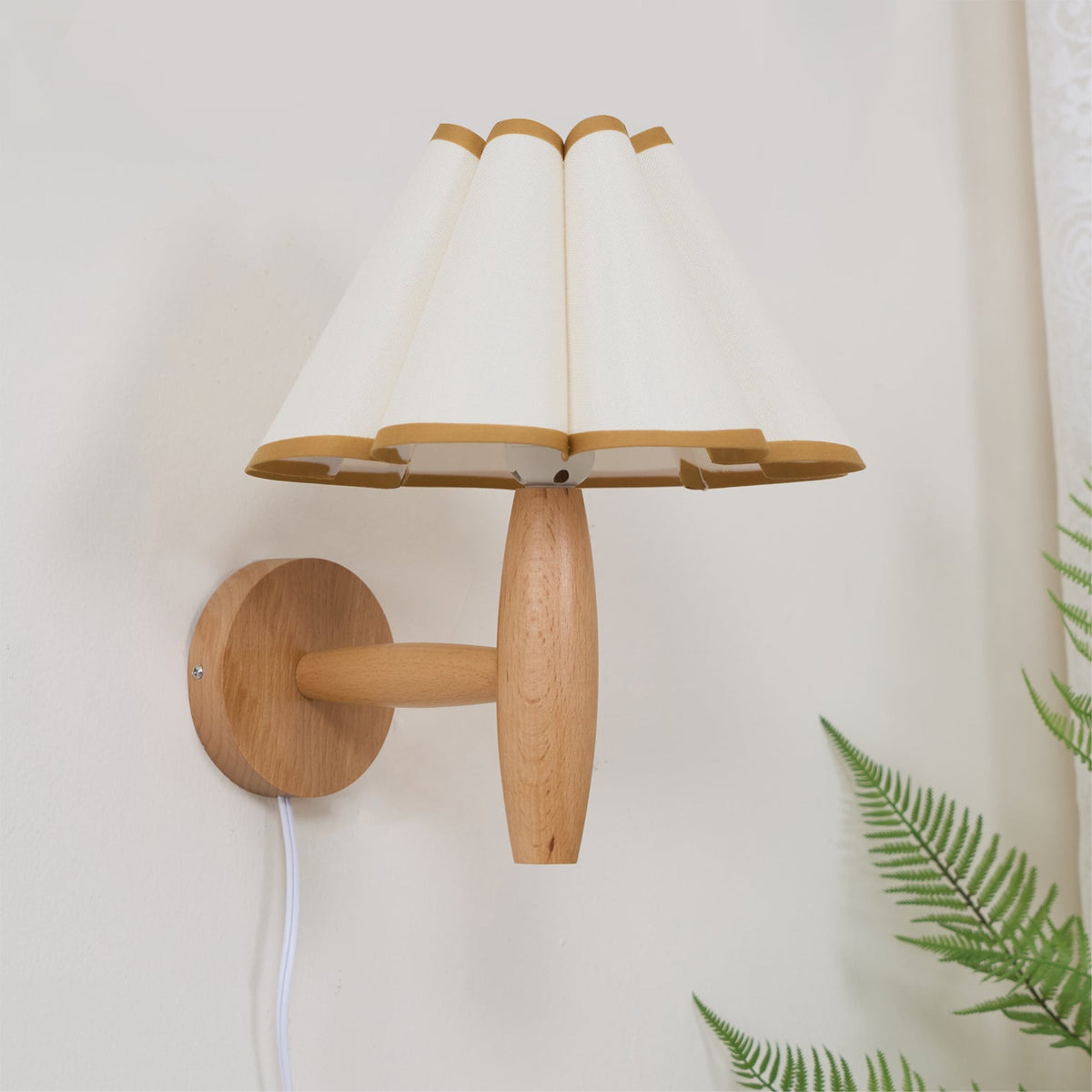 Plug-In Sconce with Fluted Fabric Shade 10 in Diameter Wood Frame for Bedroom Living Room Hallway Reading Nook Vintage Inspired Accent Light | Thomler