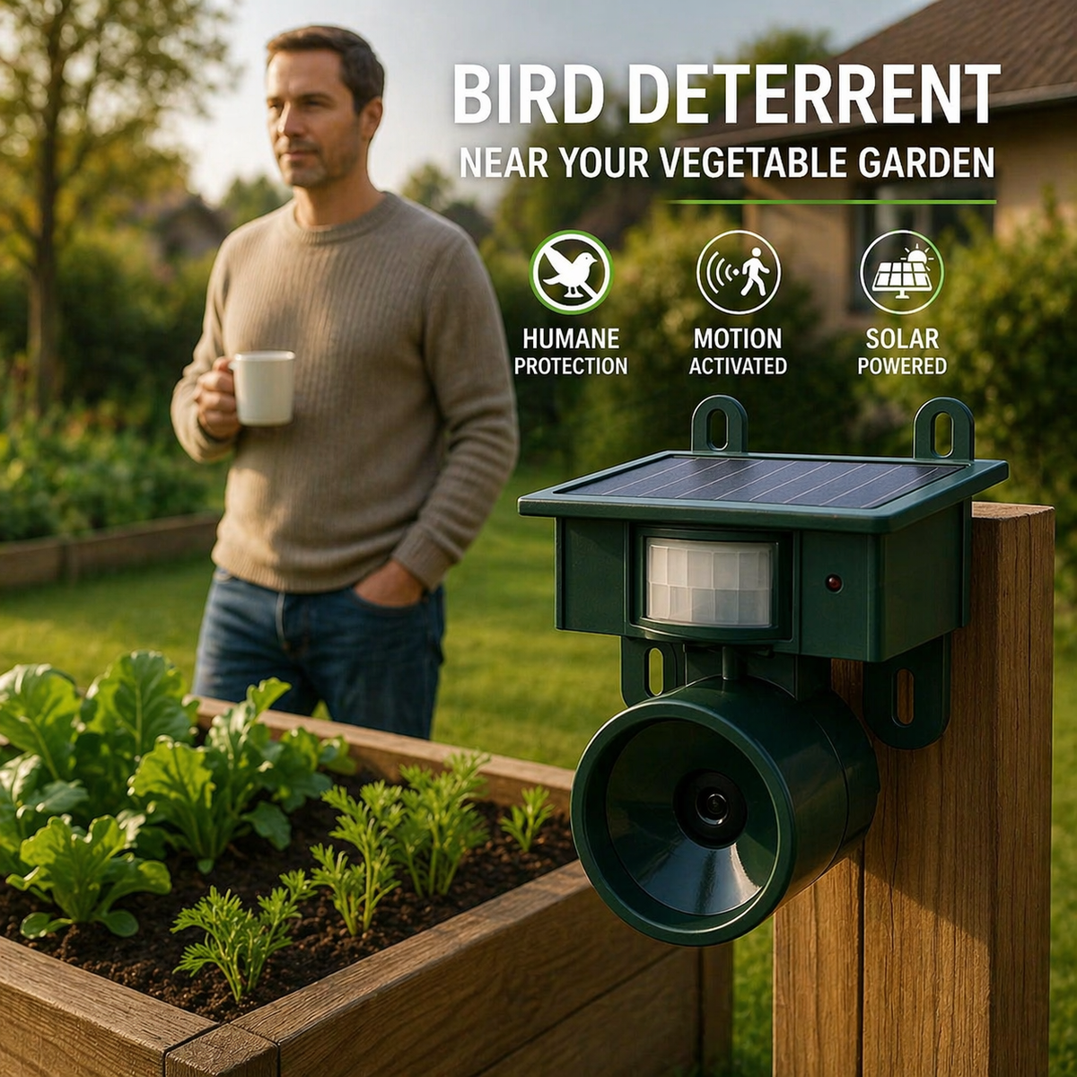Vogelverjager op zonne-energie met bewegingssensor en roofdiergeluiden voor bescherming van tuin, terras en dak | Thomler