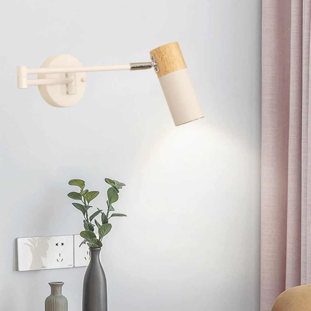 Swing Arm LED Sconce with 3 Light Temperatures for Bedroom Reading Nook Study Hallway | Wood Iron Adjustable Fixture 6 Inch Diameter White B | Thomler