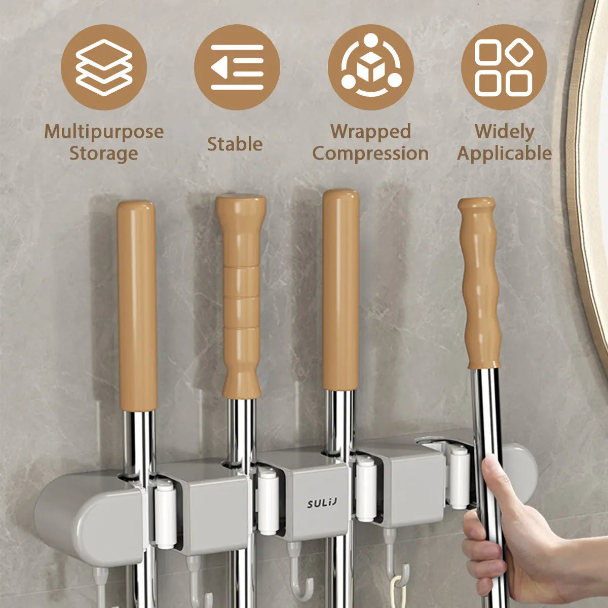 Wall-Mount Tool Organizer for Brooms, Mops & Household Items – Space-Saving Storage Rack for Garage, Closet & Utility Room – Sturdy Grip Hol | Thomler