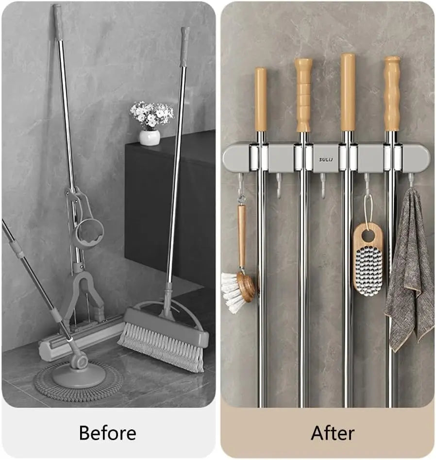 Garage Storage Rack With 4 Grips 5 Hooks For Brooms Mops Tools 13 Inch Stainless Steel Utility Organizer For Workshop Kitchen Laundry Room | Thomler