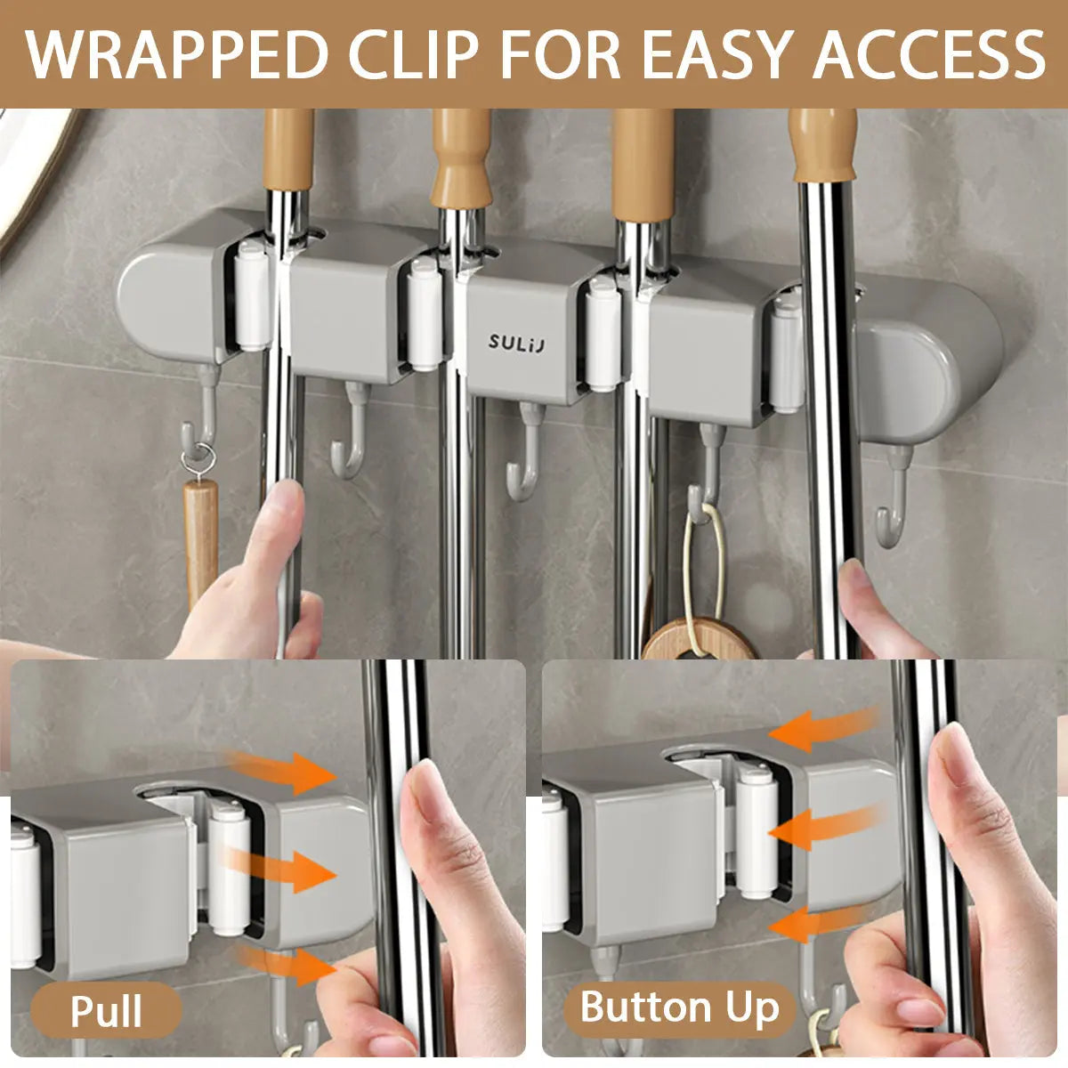 Garage Storage Rack With 4 Grips 5 Hooks For Brooms Mops Tools 13 Inch Stainless Steel Utility Organizer For Workshop Kitchen Laundry Room | Thomler