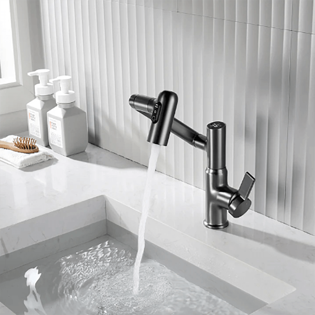 Rotating Sink Tap with Digital Temp Readout – 12-Inch Adjustable Spout, Full Swivel for Double Basins & Oversized Cookware | Thomler