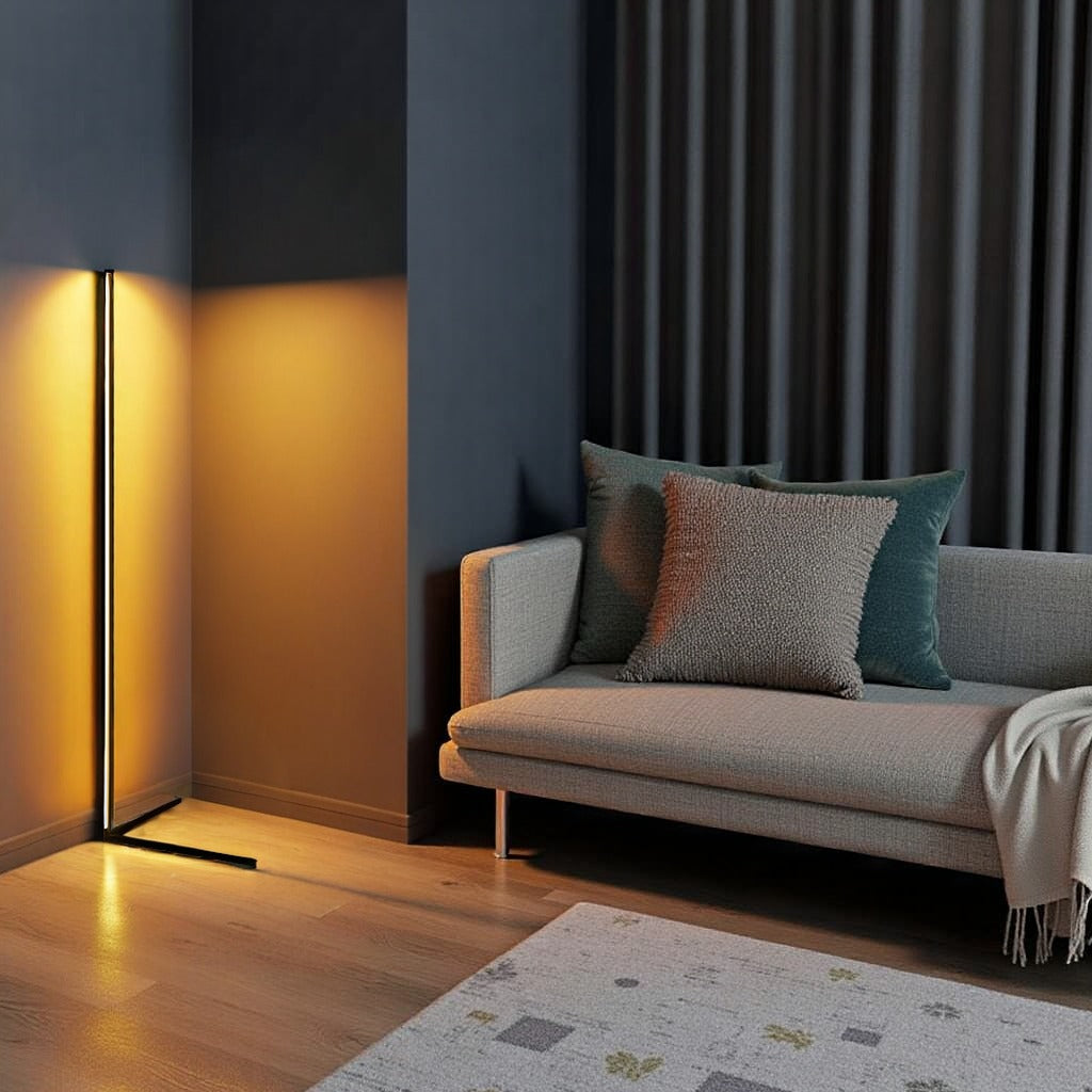 Wireless Remote LED Uplight with Adjustable Brightness for Bedroom, Living Room & Study Spaces | Modern Tall Pole Lamp in Black | Thomler