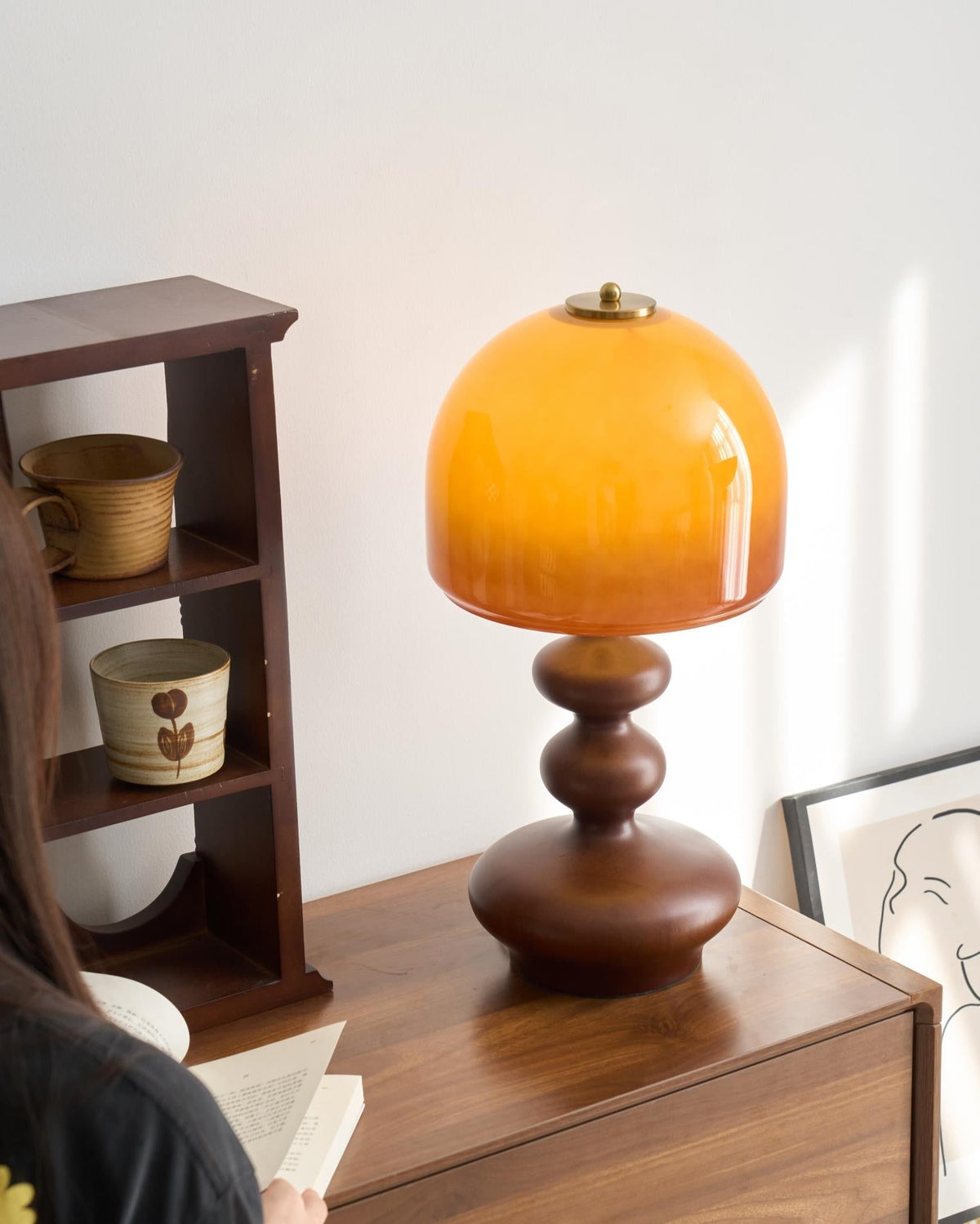 Wooden Desk Lamp with Amber Glass Shade 10 in × 20 in for Nightstand Bedroom Office Cozy Reading Light | Thomler
