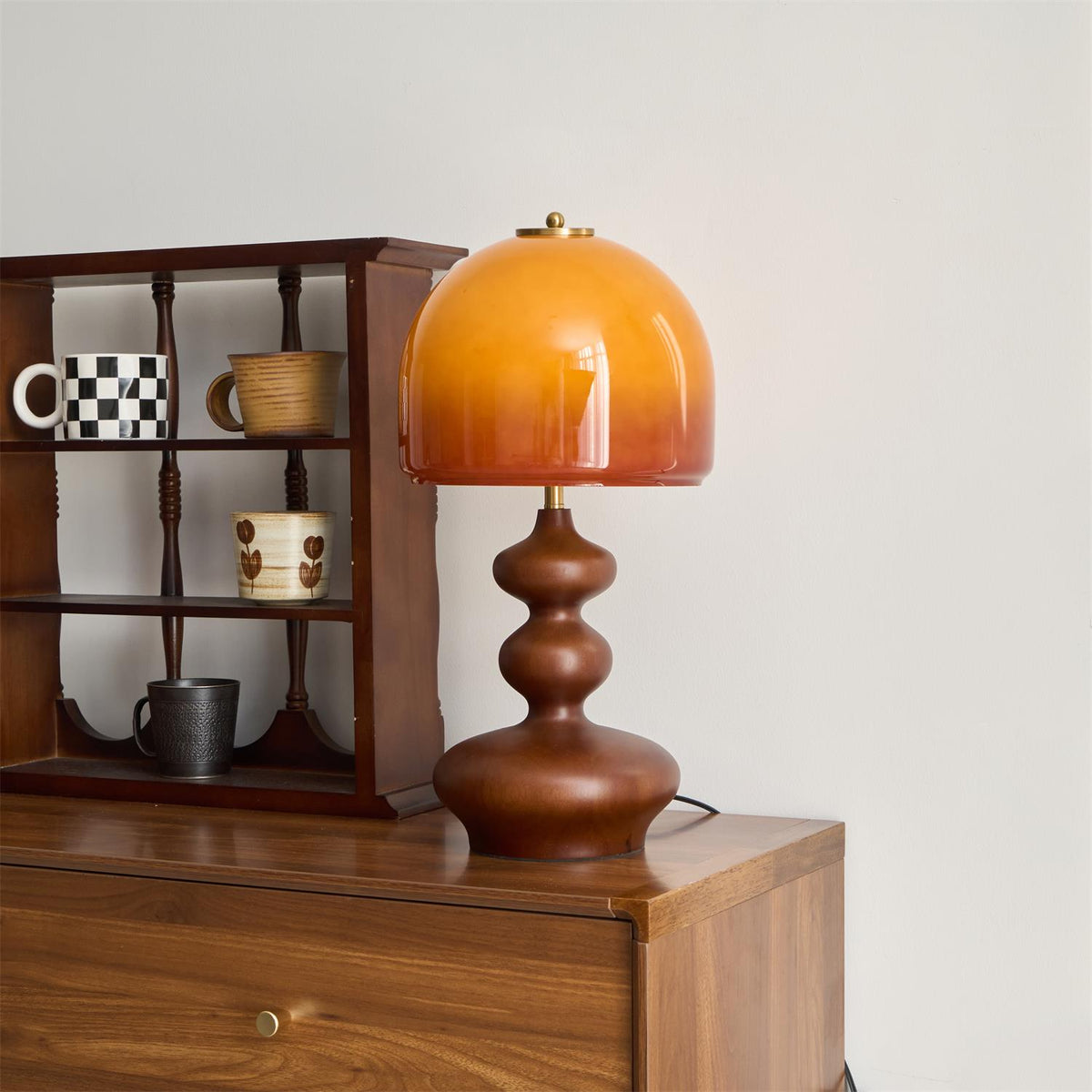 Wooden Desk Lamp with Amber Glass Shade 10 in × 20 in for Nightstand Bedroom Office Cozy Reading Light | Thomler