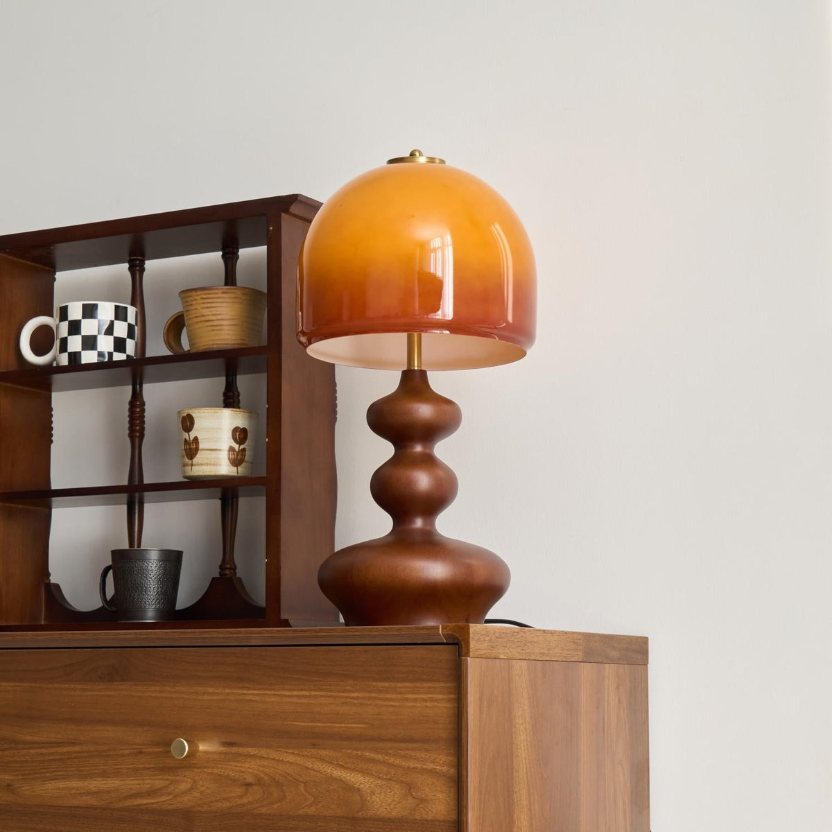 Wooden Desk Lamp with Amber Glass Shade 10 in × 20 in for Nightstand Bedroom Office Cozy Reading Light | Thomler