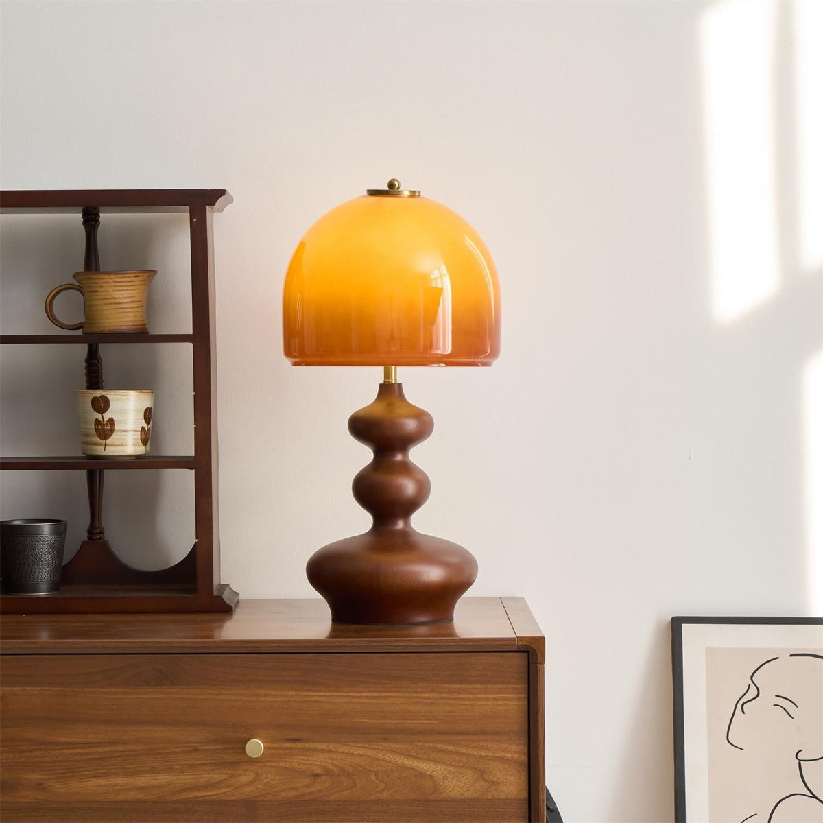 Wooden Desk Lamp with Amber Glass Shade 10 in × 20 in for Nightstand Bedroom Office Cozy Reading Light | Thomler