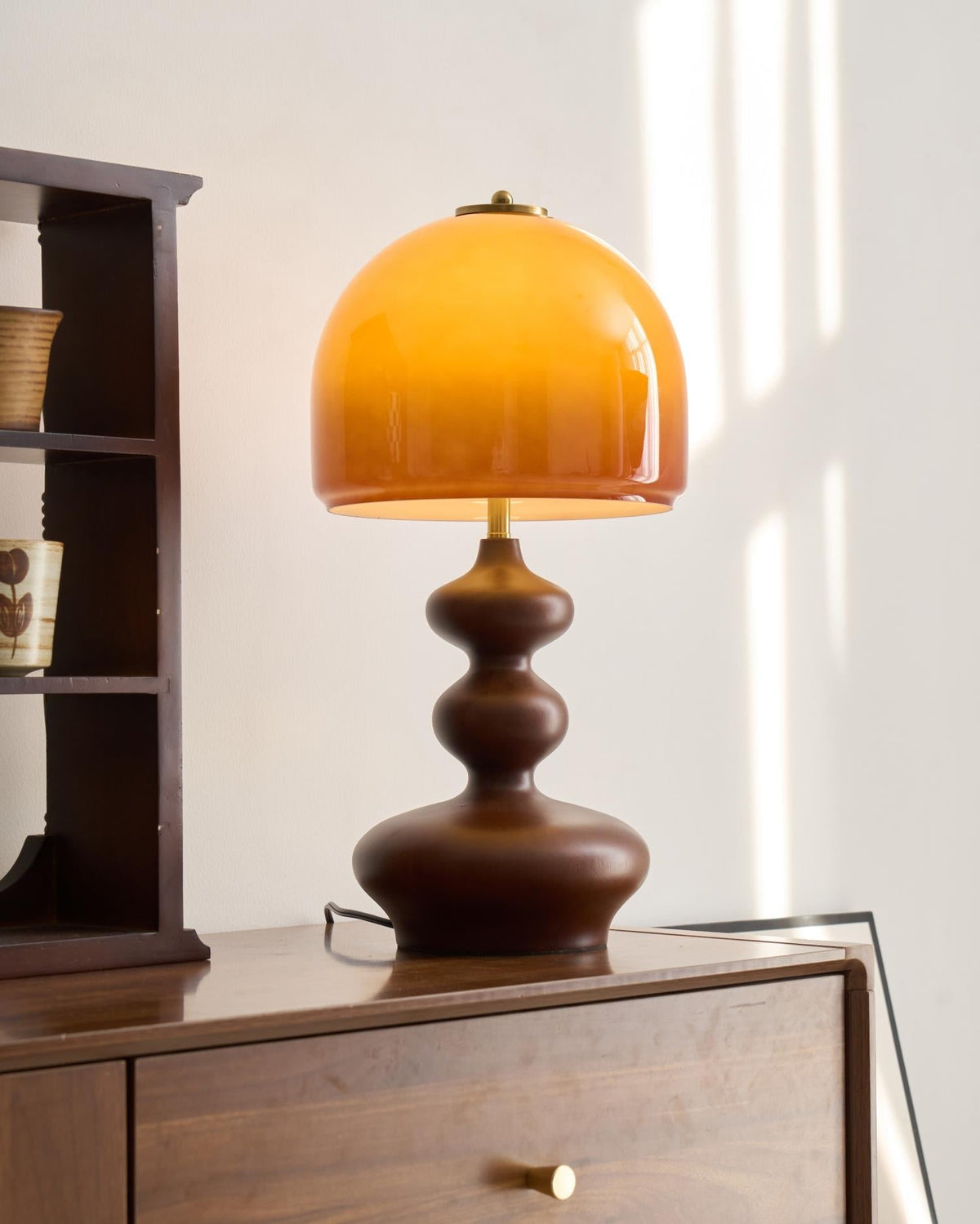 Wooden Desk Lamp with Amber Glass Shade 10 in × 20 in for Nightstand Bedroom Office Cozy Reading Light | Thomler