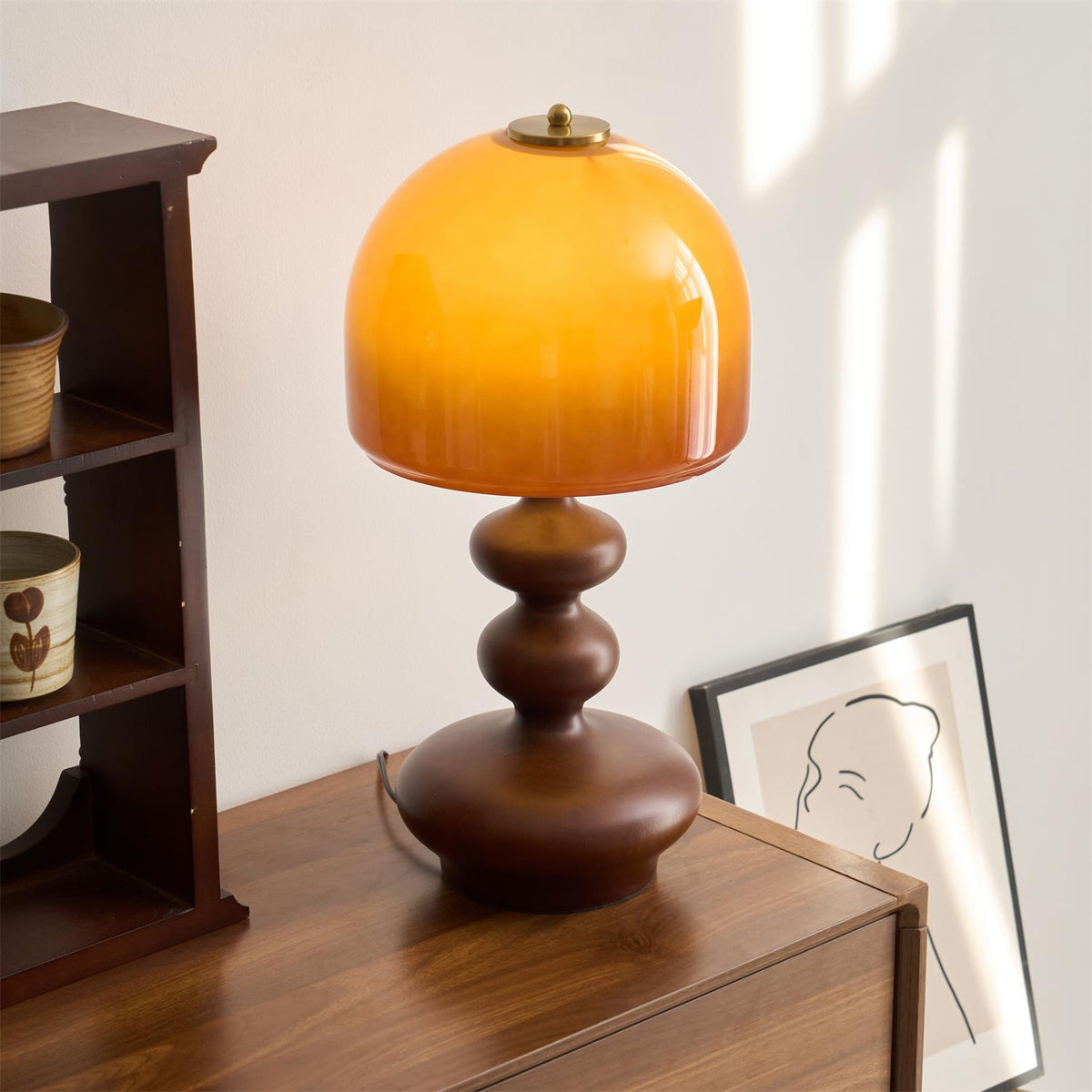Wooden Desk Lamp with Amber Glass Shade 10 in × 20 in for Nightstand Bedroom Office Cozy Reading Light | Thomler