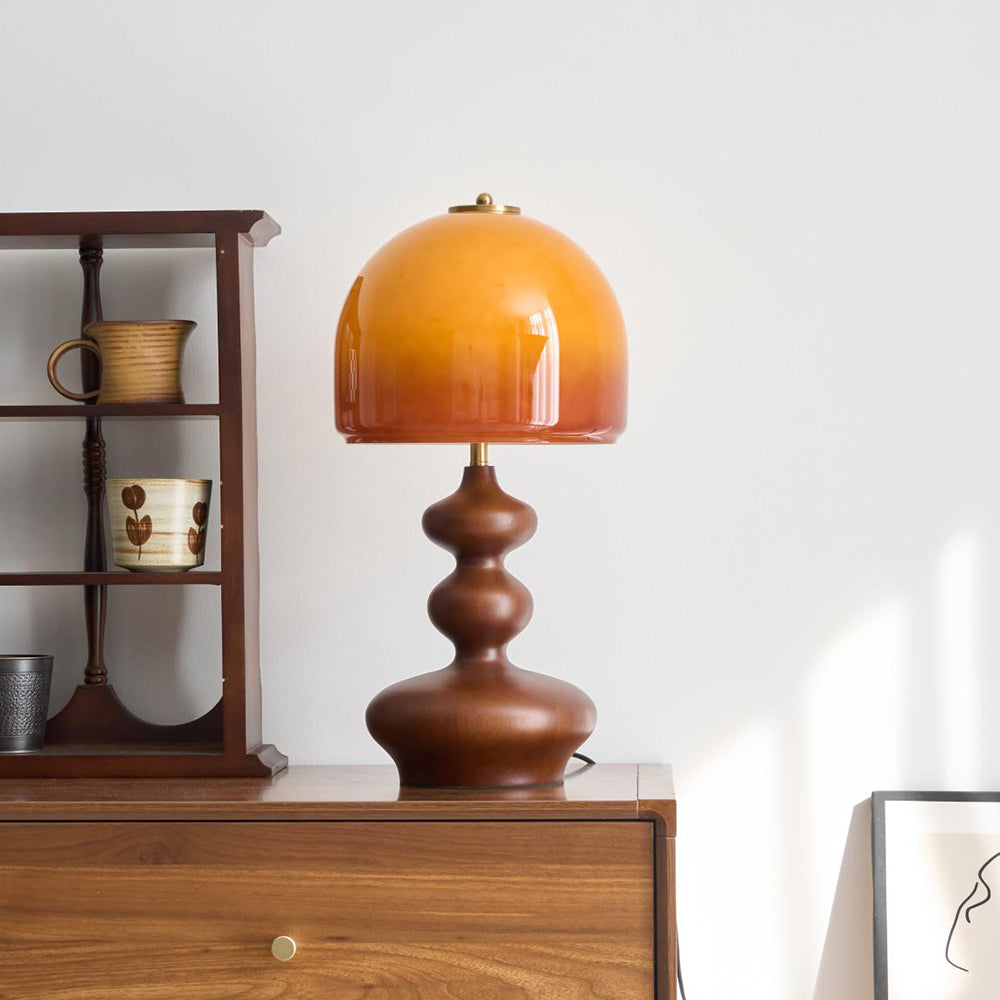 Wooden Desk Lamp with Amber Glass Shade 10 in × 20 in for Nightstand Bedroom Office Cozy Reading Light | Thomler