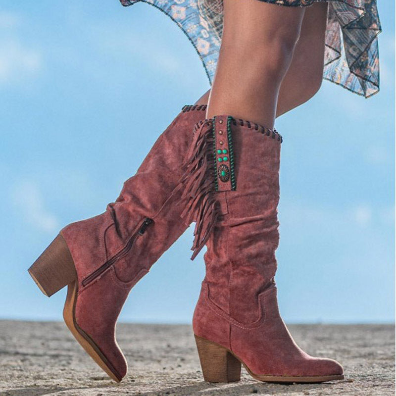 Tall Tassel Boots for Women Rust Brown Chunky Heel Vegan Suede Boho Southwest Cowgirl Style Zip-Up Fall Winter Festival Footwear