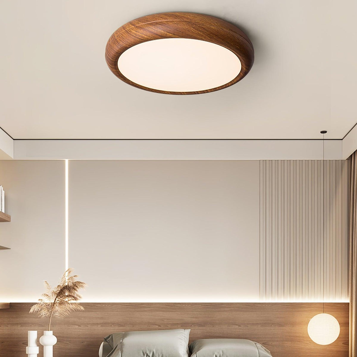 LED Flush Mount Ceiling Fixture 20 in Walnut Finish for Bedroom Living Room Kitchen Low Profile Integrated Light Acrylic Diffuser Modern Min | Thomler