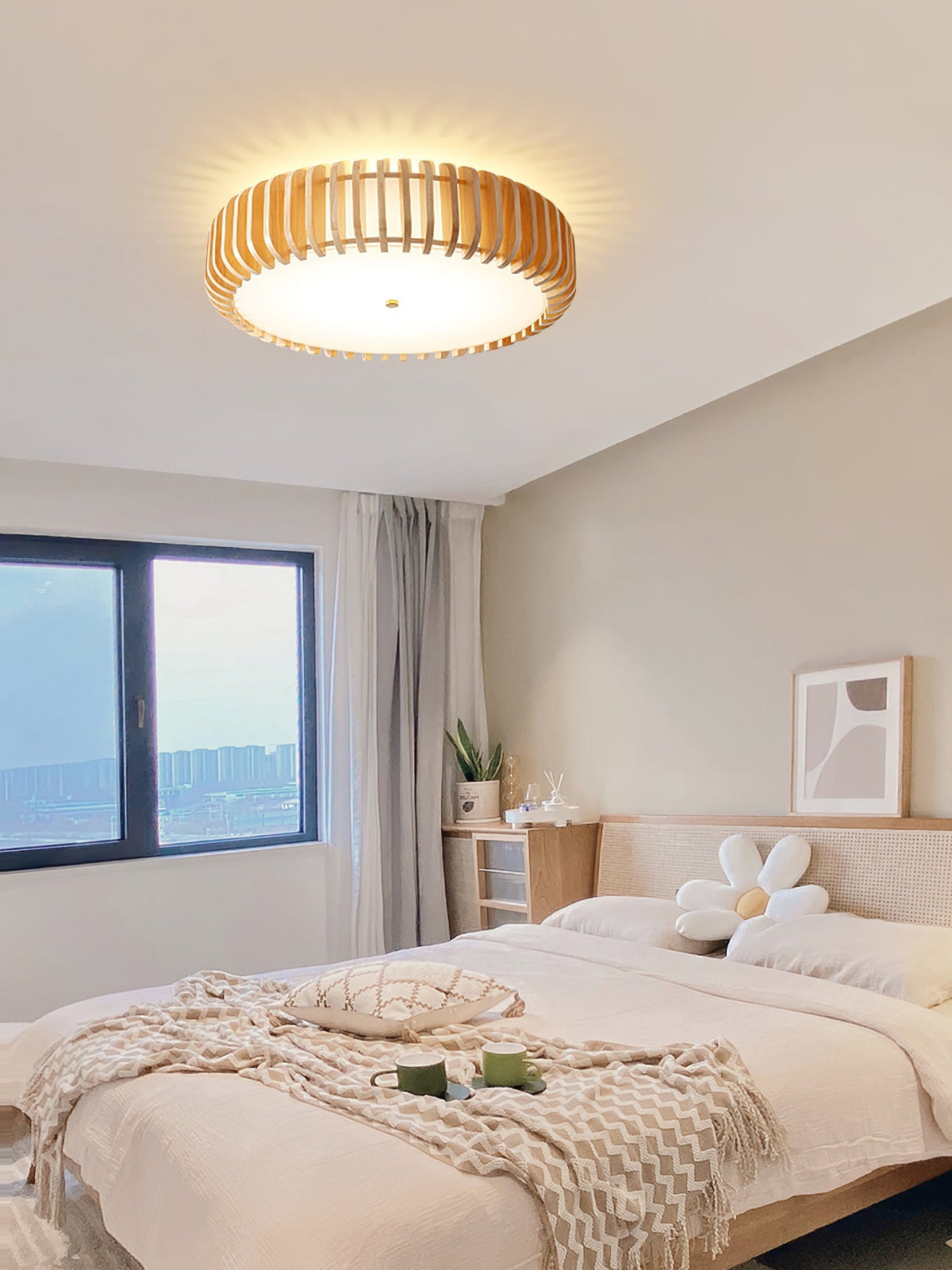 Round Ceiling Light with Wood-Tone Frame and White Diffuser for Dining Room, Living Room, Kitchen, Bedroom | Modern Low-Profile Fixture for | Thomler
