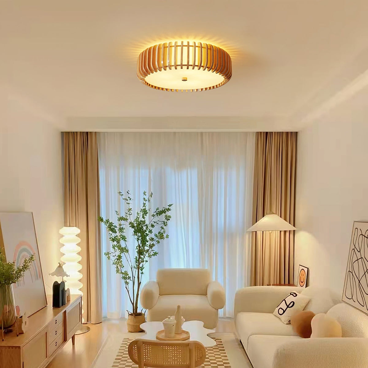 Round Ceiling Light with Wood-Tone Frame and White Diffuser for Dining Room, Living Room, Kitchen, Bedroom | Modern Low-Profile Fixture for | Thomler