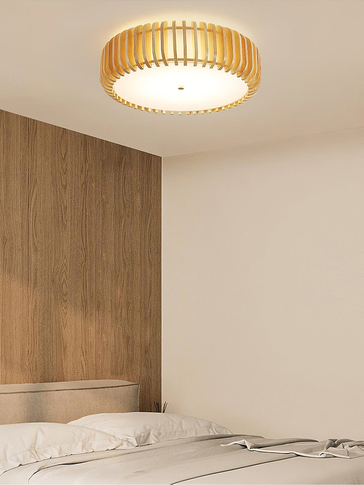 Round Ceiling Light with Wood-Tone Frame and White Diffuser for Dining Room, Living Room, Kitchen, Bedroom | Modern Low-Profile Fixture for | Thomler