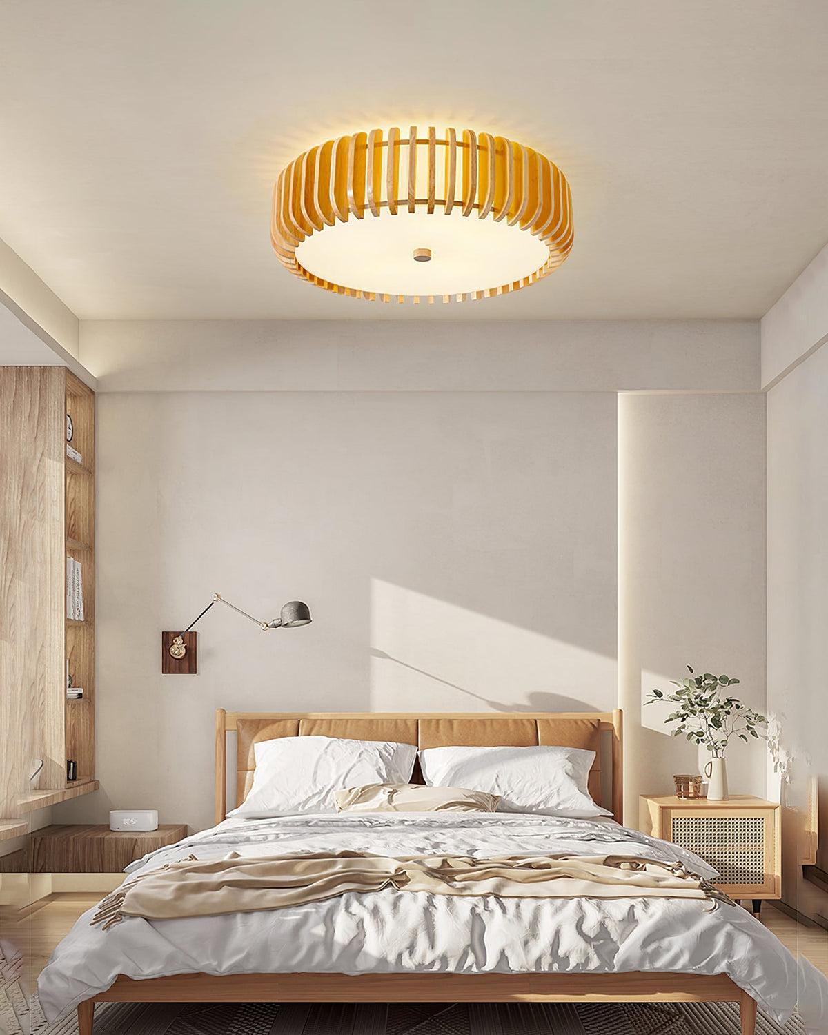 Round Ceiling Light with Wood-Tone Frame and White Diffuser for Dining Room, Living Room, Kitchen, Bedroom | Modern Low-Profile Fixture for | Thomler