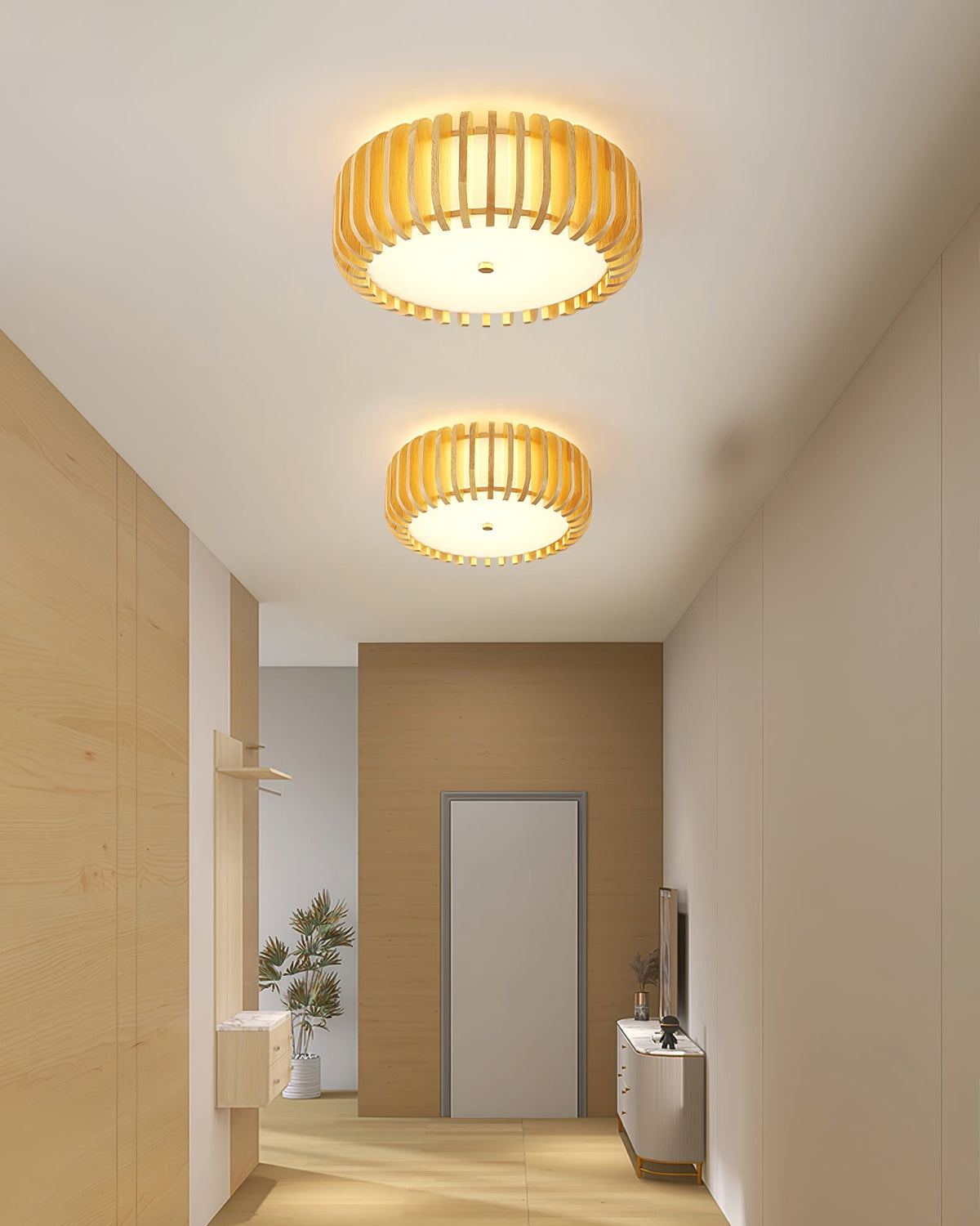 Round Ceiling Light with Wood-Tone Frame and White Diffuser for Dining Room, Living Room, Kitchen, Bedroom | Modern Low-Profile Fixture for | Thomler