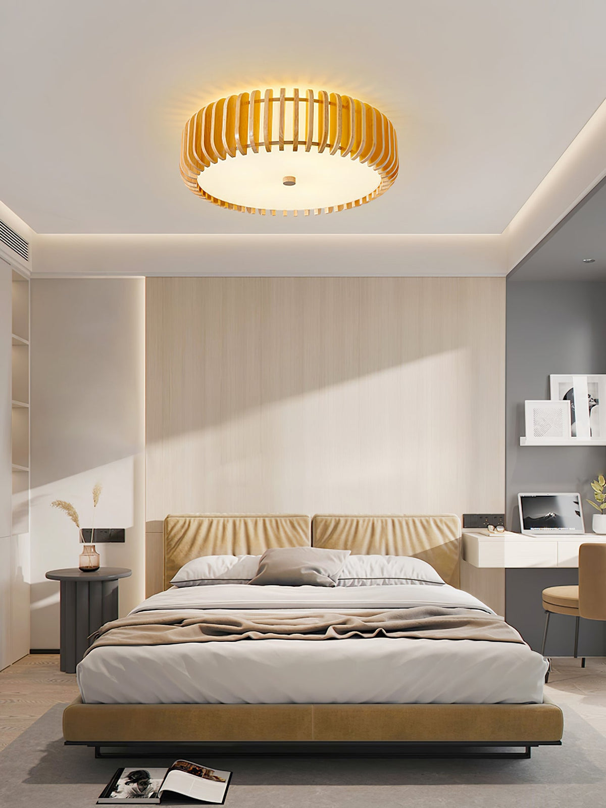 Round Ceiling Light with Wood-Tone Frame and White Diffuser for Dining Room, Living Room, Kitchen, Bedroom | Modern Low-Profile Fixture for | Thomler