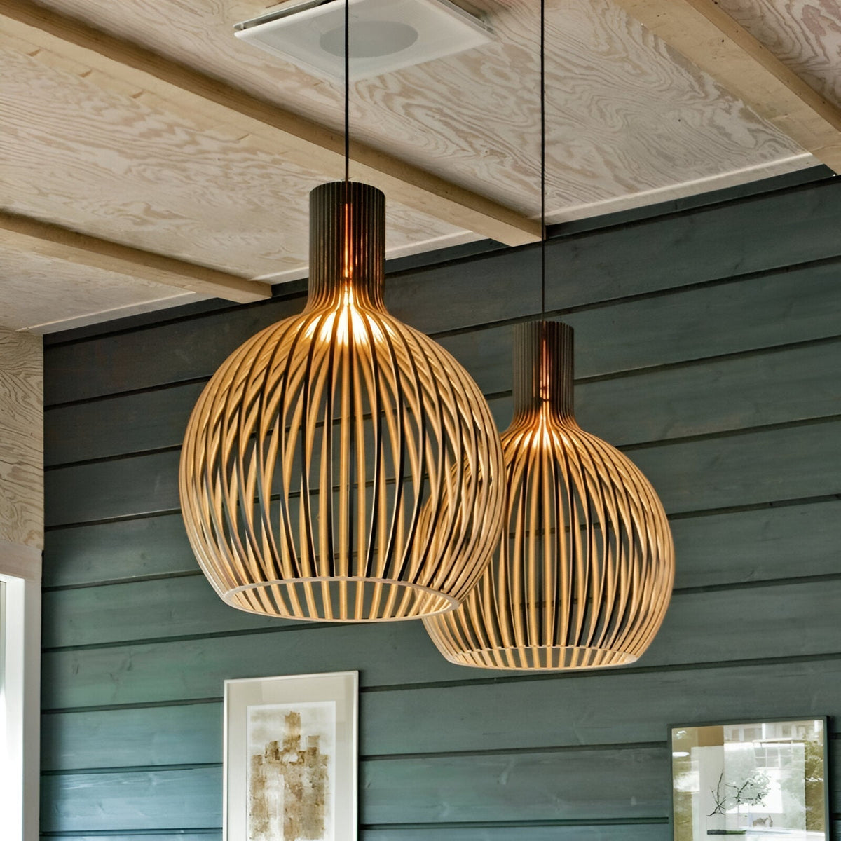 Houten latten hanglamp, E27-fitting, natuurlijke afwerking, kooivormige plafondlamp voor kookeiland, hal, slaapkamer, boerderij, modern rustiek | Thomler