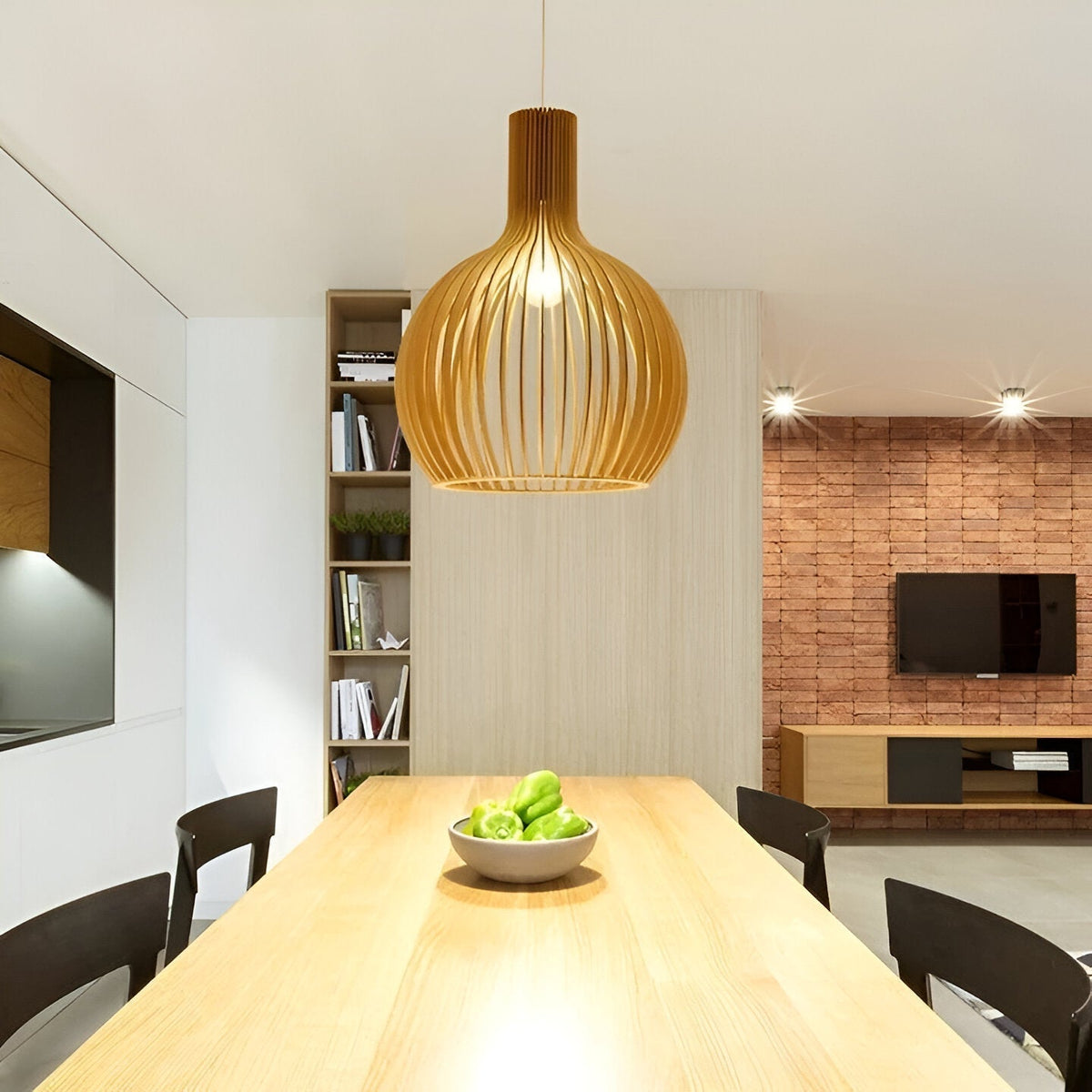 Houten latten hanglamp, E27-fitting, natuurlijke afwerking, kooivormige plafondlamp voor kookeiland, hal, slaapkamer, boerderij, modern rustiek | Thomler