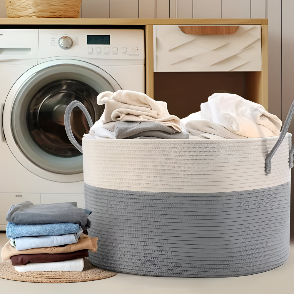 Oversized Woven Storage Basket for Laundry Toys Blankets Round Polyester Organizer with Handles 20x13 inches Brown Gray Two-Tone Home Bedroo | Thomler