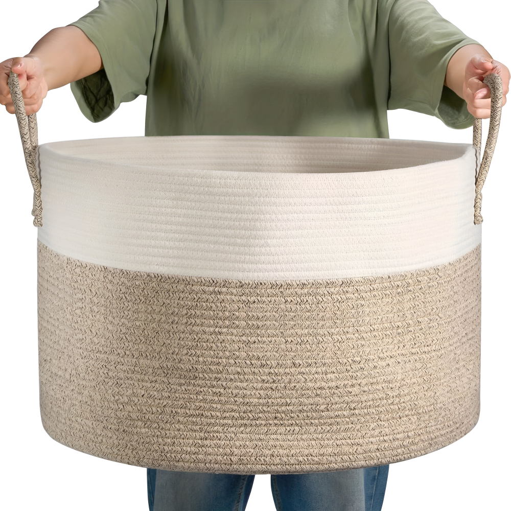 Oversized Woven Storage Basket for Laundry Toys Blankets Round Polyester Organizer with Handles 20x13 inches Brown Gray Two-Tone Home Bedroo | Thomler