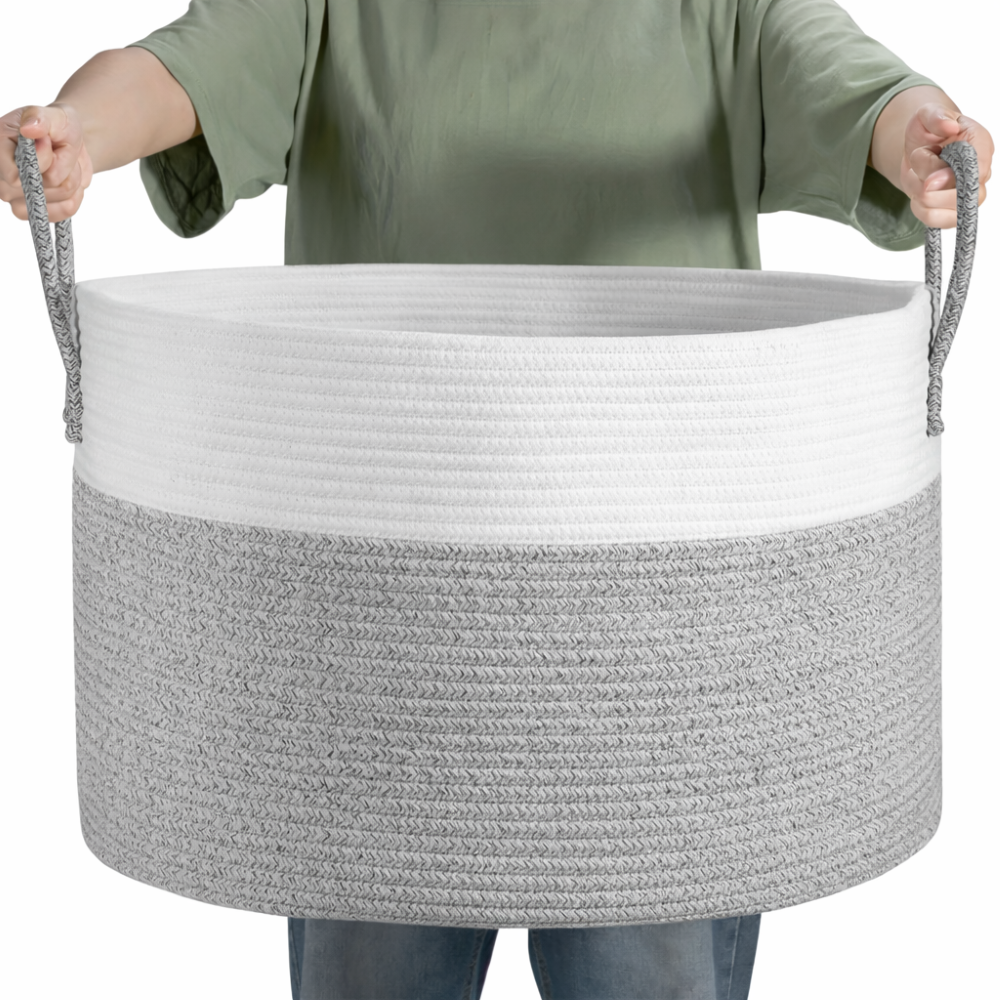 Oversized Woven Storage Basket for Laundry Toys Blankets Round Polyester Organizer with Handles 20x13 inches Brown Gray Two-Tone Home Bedroo | Thomler