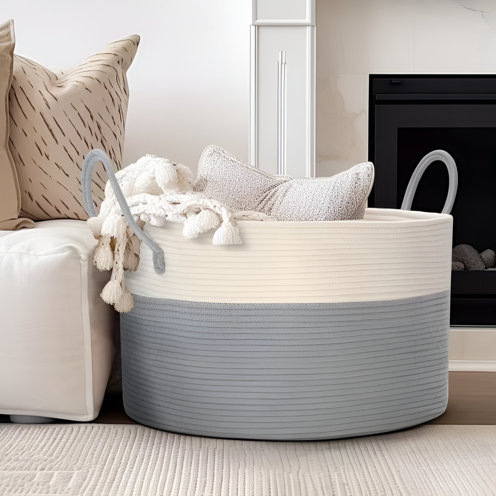 Oversized Woven Storage Basket for Laundry Toys Blankets Round Polyester Organizer with Handles 20x13 inches Brown Gray Two-Tone Home Bedroo | Thomler