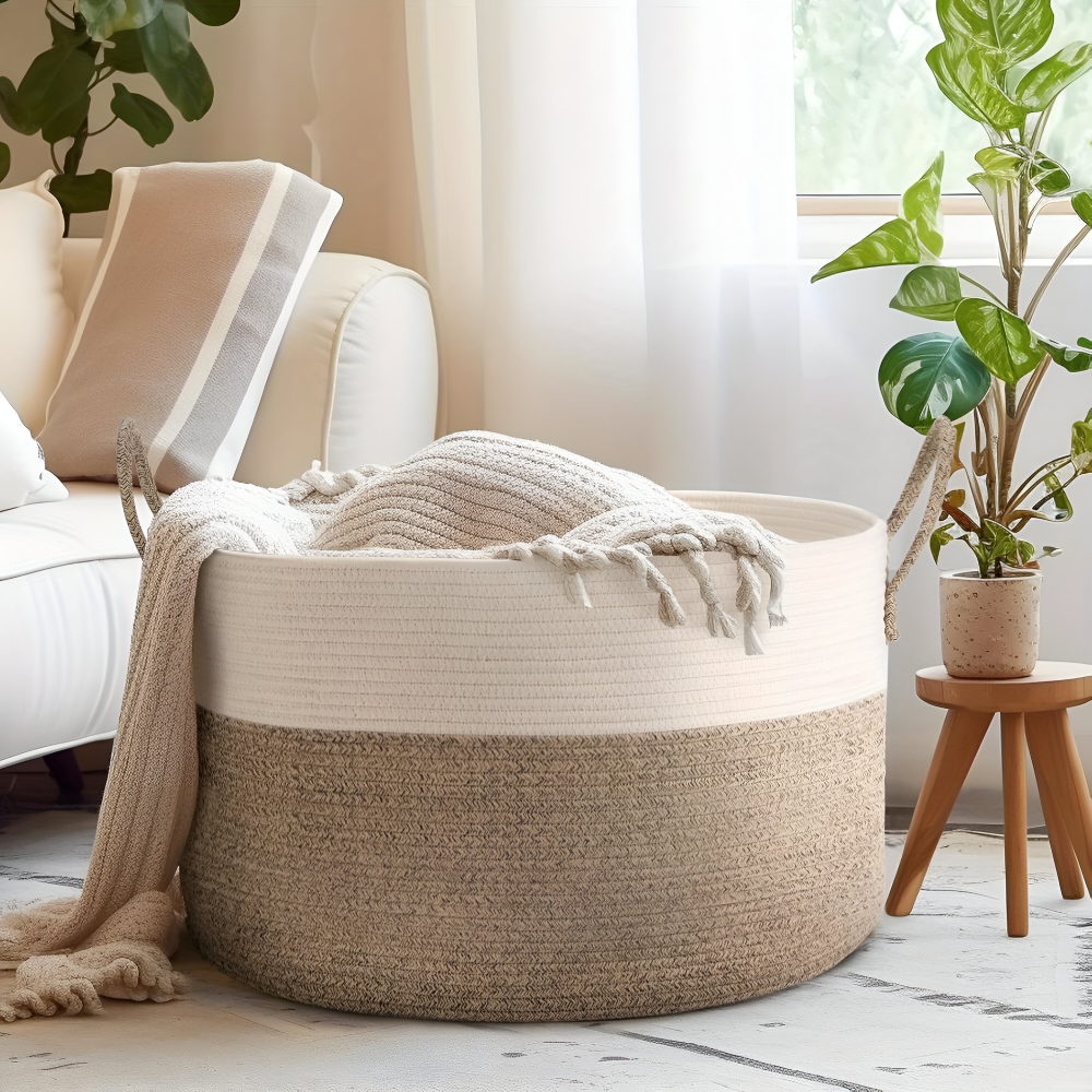 Oversized Woven Storage Basket for Laundry Toys Blankets Round Polyester Organizer with Handles 20x13 inches Brown Gray Two-Tone Home Bedroo | Thomler