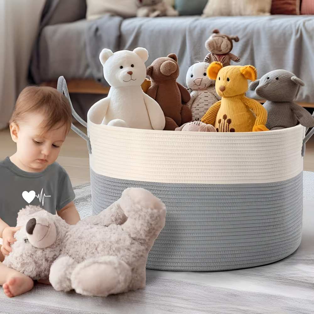 Oversized Woven Storage Basket for Laundry Toys Blankets Round Polyester Organizer with Handles 20x13 inches Brown Gray Two-Tone Home Bedroo | Thomler