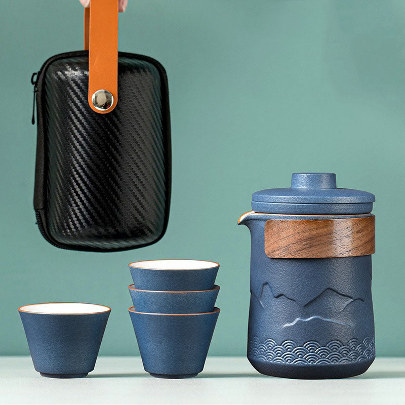 Tragbares Keramik-Teekannenset mit 4 Tassen und Reiseetui für Gongfu-Teezubereitung, Büro, Camping, Outdoor-Teezeremonie, Schwarz, 355 ml Kanne | Thomler