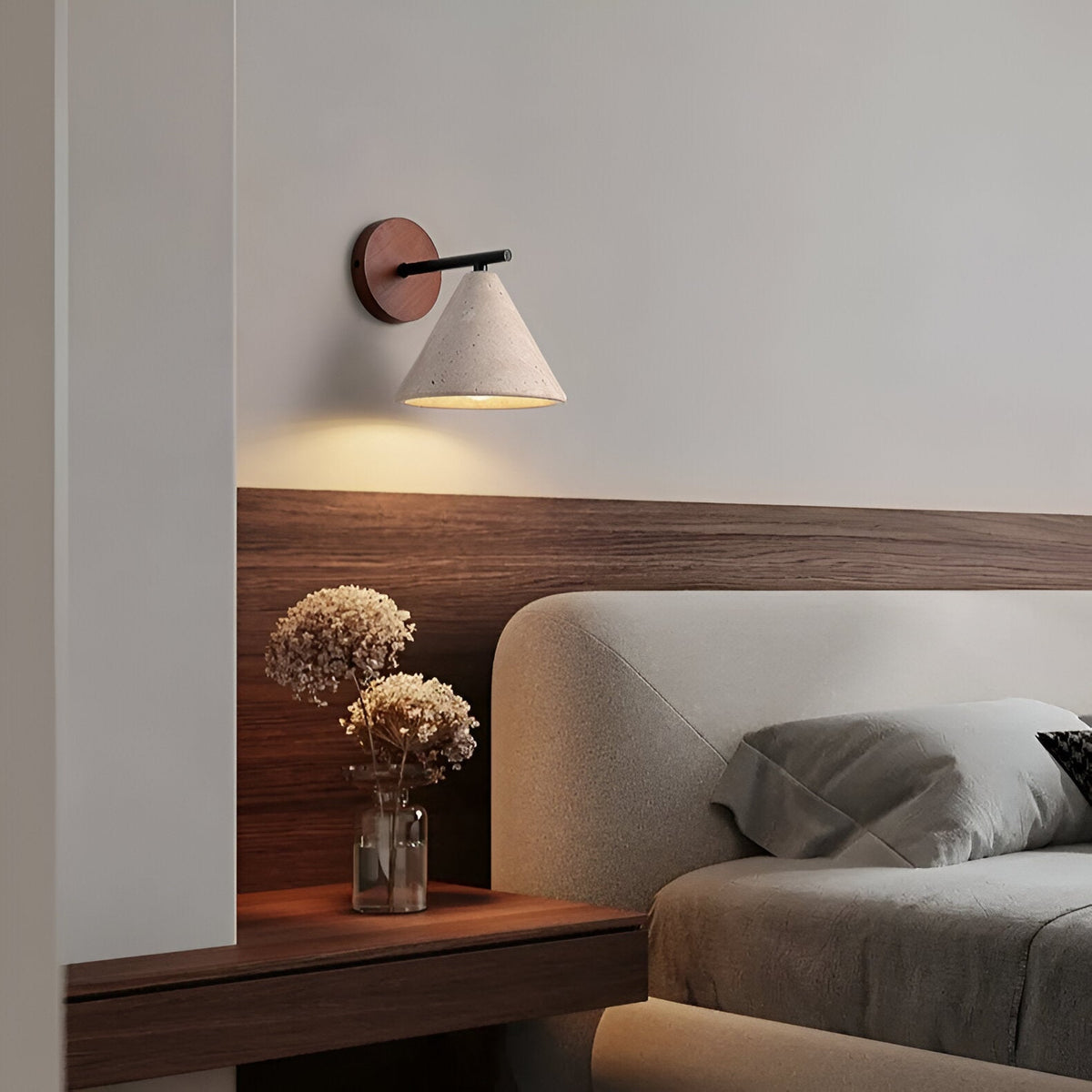 Cone-Shaped Stone Wall Sconce with Wood Base for Bedrooms, Hallways & Entryways – Ambient Downlight Fixture, E26 Socket, Warm Natural Textur | Thomler
