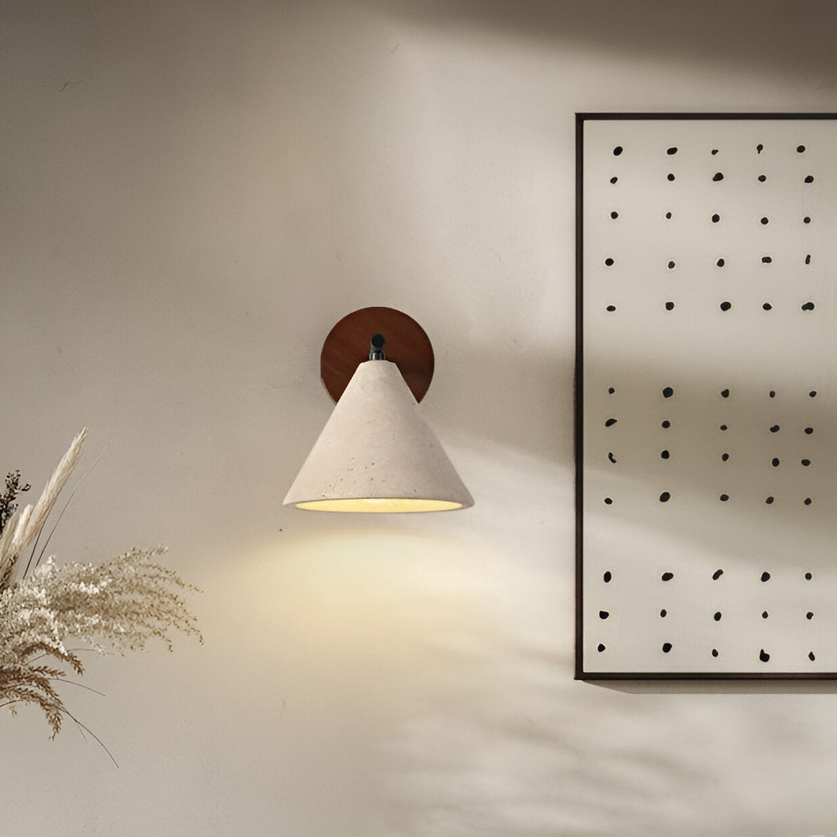 Cone-Shaped Stone Wall Sconce with Wood Base for Bedrooms, Hallways & Entryways – Ambient Downlight Fixture, E26 Socket, Warm Natural Textur | Thomler