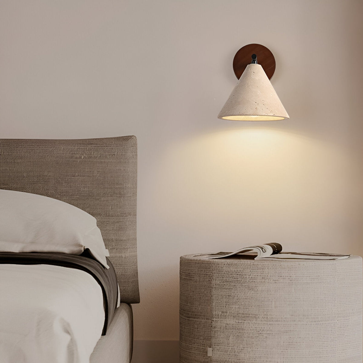 Cone-Shaped Stone Wall Sconce with Wood Base for Bedrooms, Hallways & Entryways – Ambient Downlight Fixture, E26 Socket, Warm Natural Textur | Thomler