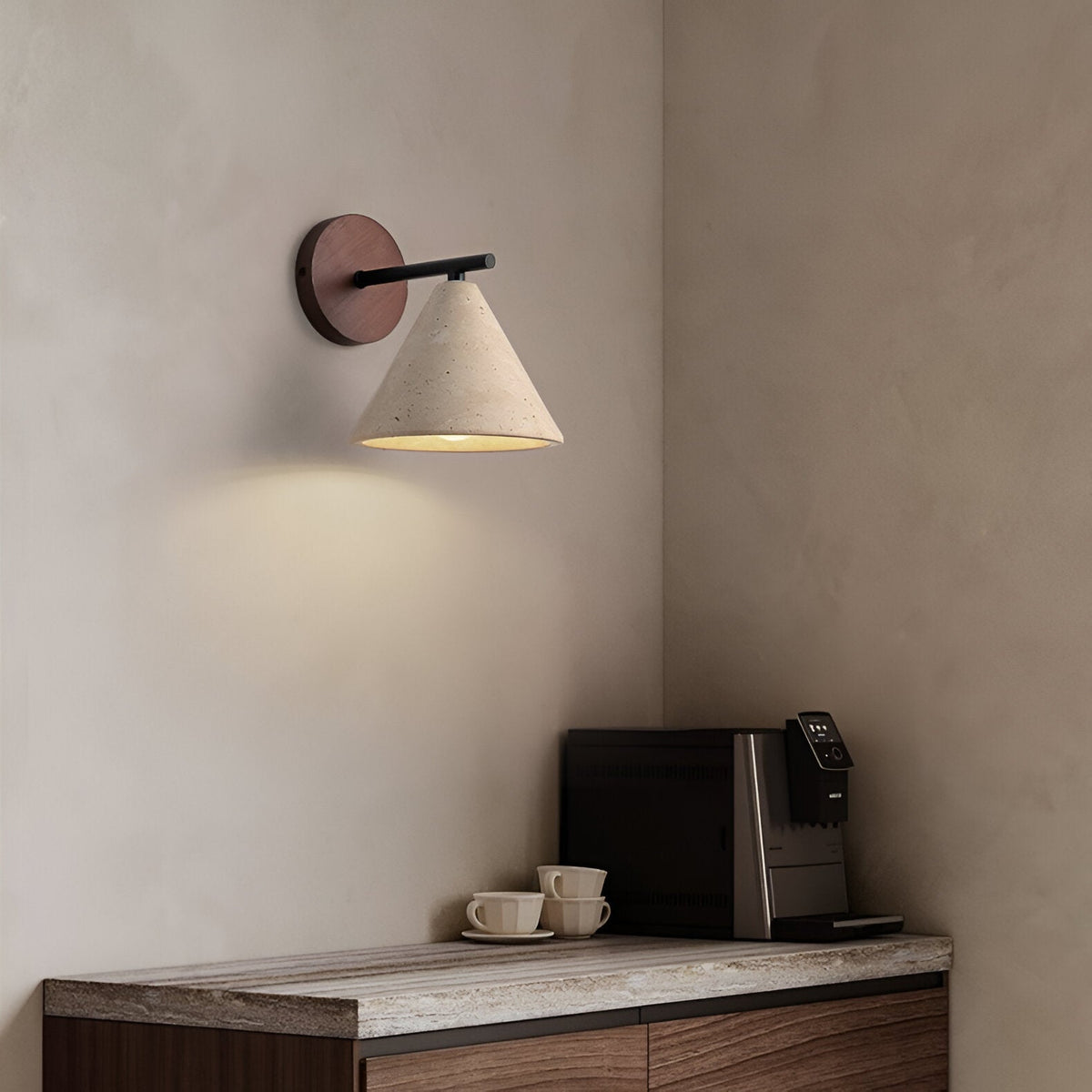 Cone-Shaped Stone Wall Sconce with Wood Base for Bedrooms, Hallways & Entryways – Ambient Downlight Fixture, E26 Socket, Warm Natural Textur | Thomler