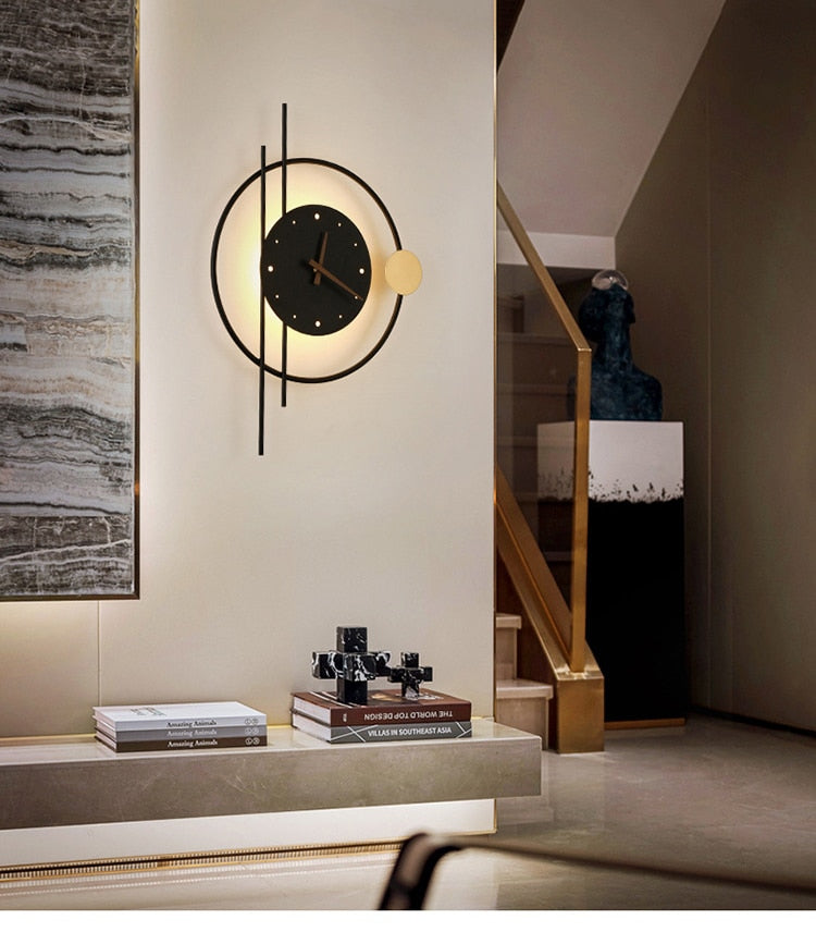 Backlit Metal Wall Clock 22 in × 16 in Gold Black Round Geometric Timepiece for Home Office Entry Foyer Den Workspace Ambient Glow Battery O | Thomler