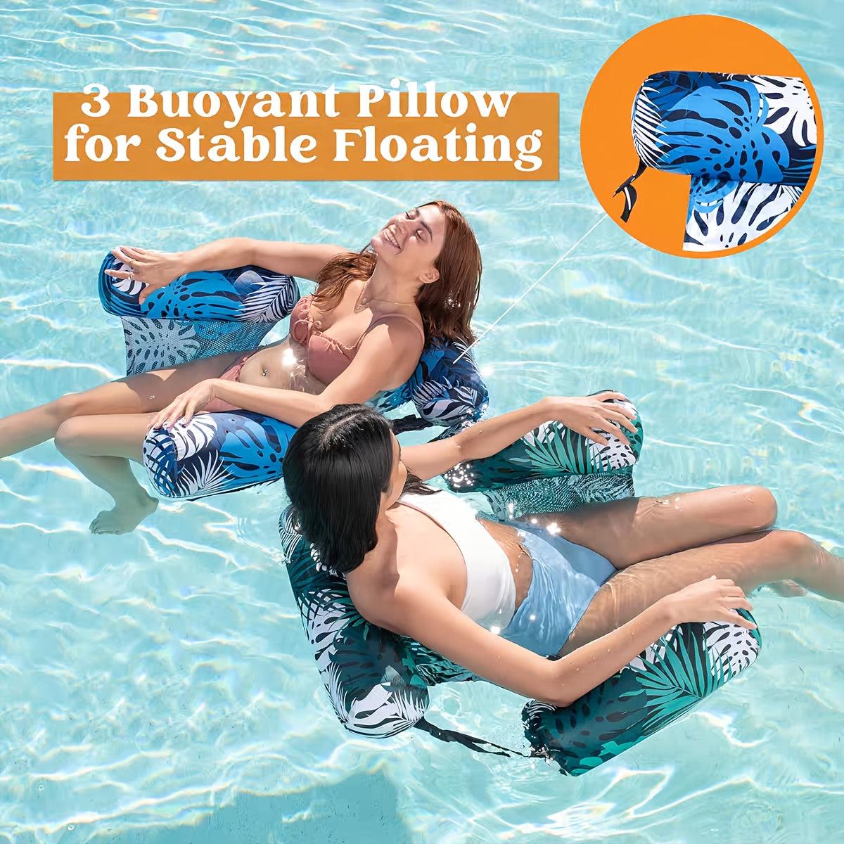 Aufblasbare Schwimm-Hängematte für Erwachsene – Pool-Liege mit Netz und tropischem Blatt-Print für Seen, Strände & Gartenpools