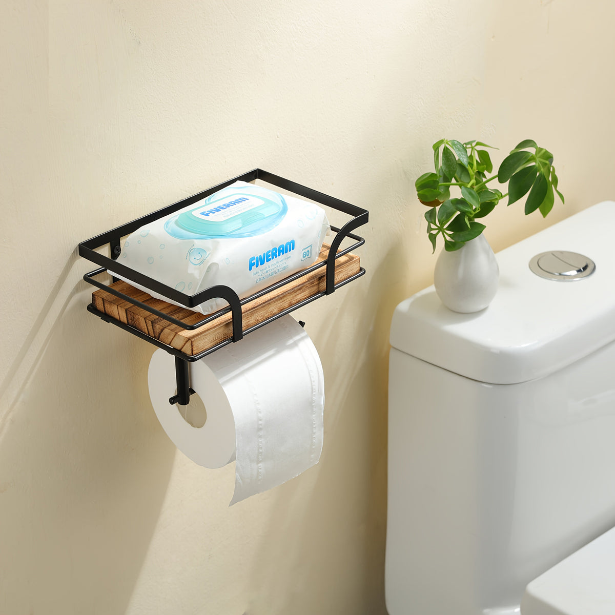 Metal & Wood Bathroom Tissue Dispenser Shelf 7.9 Inches Wall Mount Organizer Powder Room Storage Rack Home Essentials Holder for Small Space | Thomler