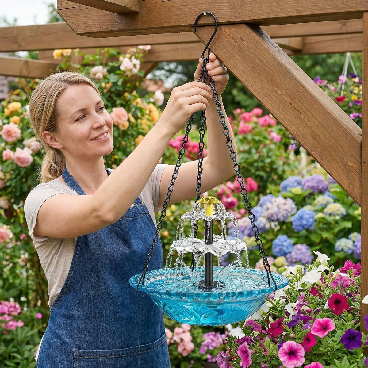 Hanging Solar Bird Bath Fountain Two-Tier Cordless Water Feature for Backyard Patio Deck Garden Outdoor Decor | Thomler